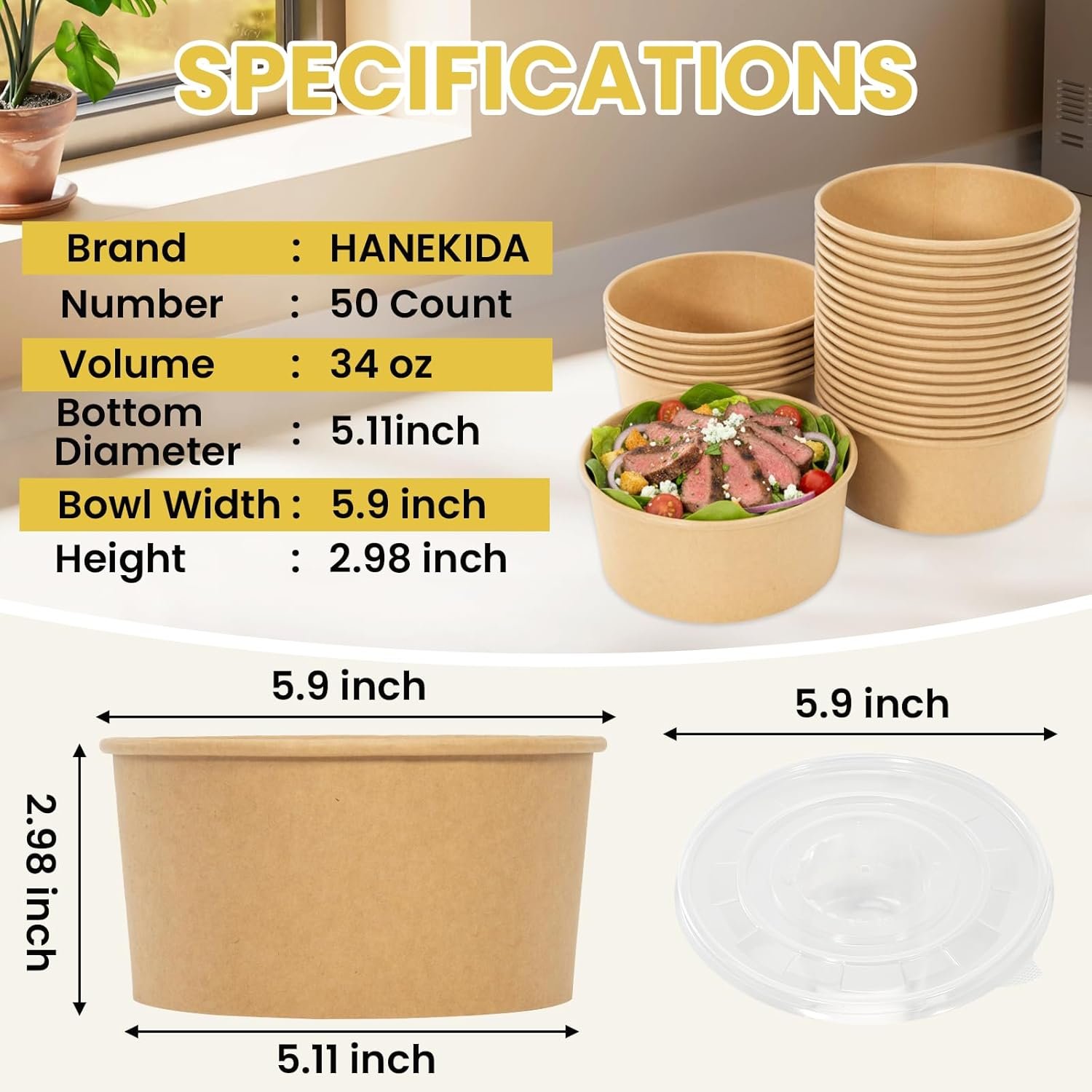 Logo Personalizado 50 Envases Desechables de Preparación de Comidas de 34 oz con Tapa, Cuencos de Papel para Sopas, Apto para Microondas, para Fiestas y Comidas al Aire Libre | Marca Blanca de Proveedor.