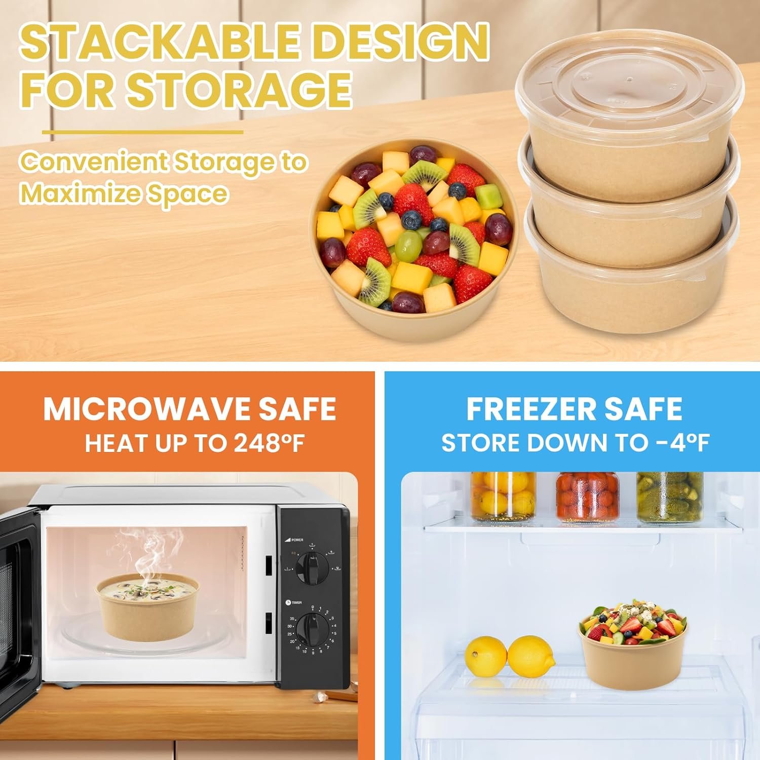 Logo Personalizado 50 Envases Desechables de Preparación de Comidas de 34 oz con Tapa, Cuencos de Papel para Sopas, Apto para Microondas, para Fiestas y Comidas al Aire Libre | Marca Blanca de Proveedor.