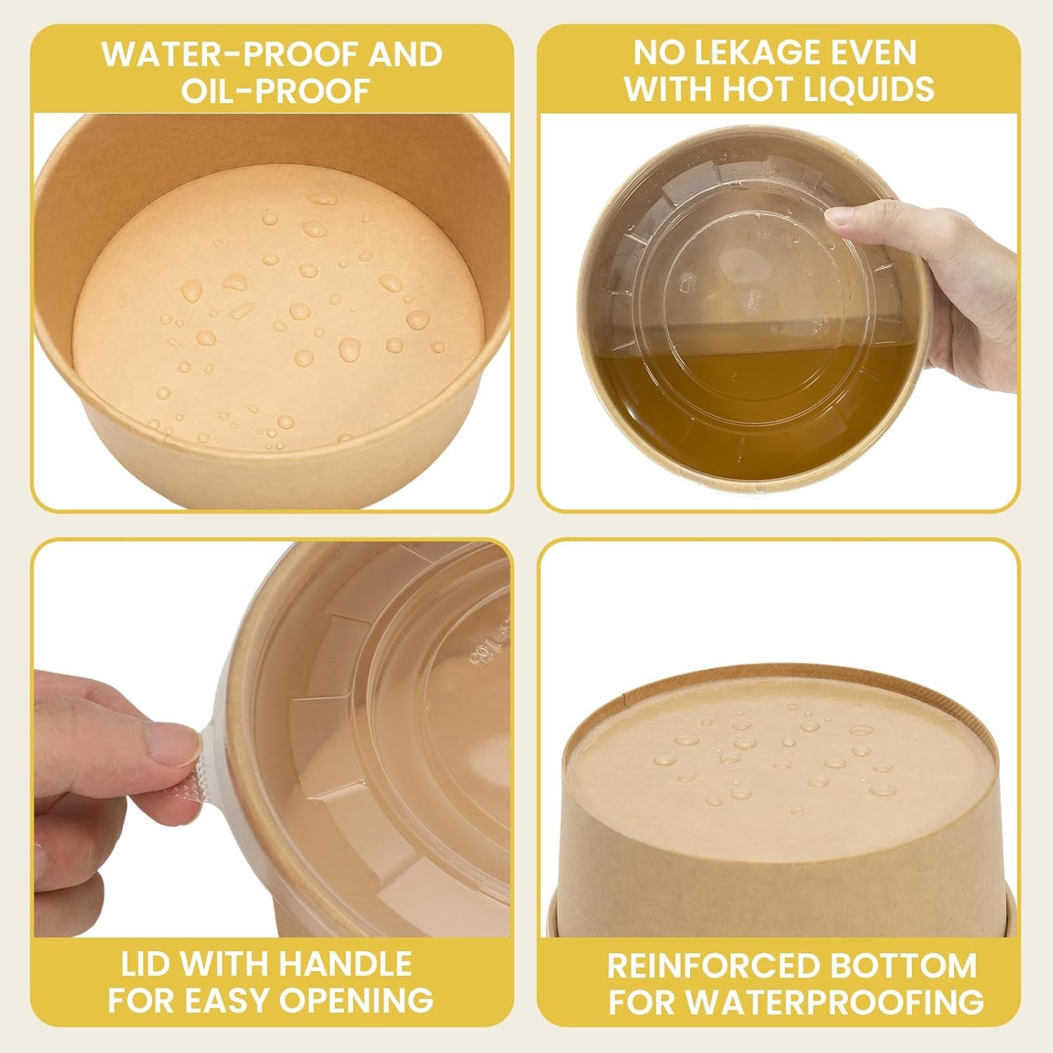 Logo Personalizado 50 Envases Desechables de Preparación de Comidas de 34 oz con Tapa, Cuencos de Papel para Sopas, Apto para Microondas, para Fiestas y Comidas al Aire Libre | Marca Blanca de Proveedor.