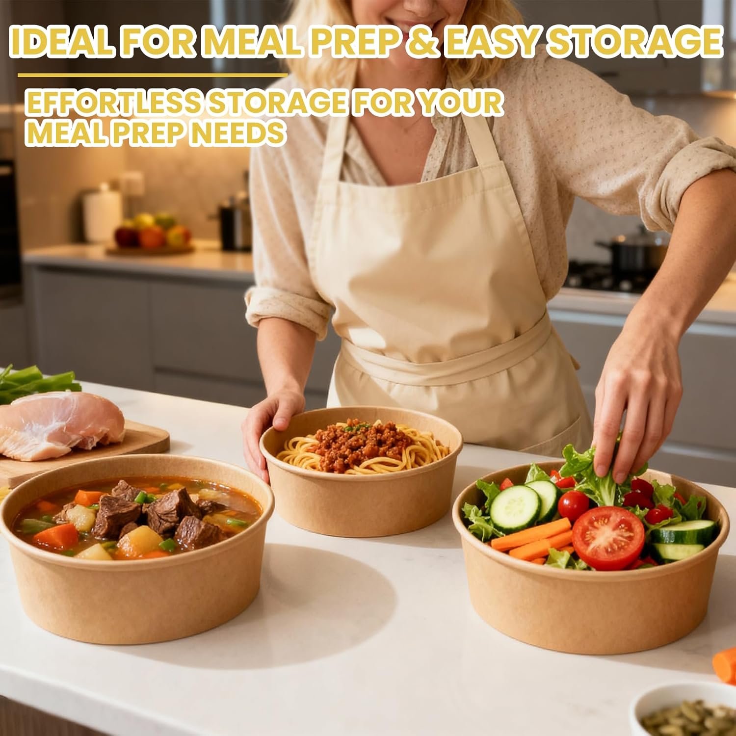 Logo Personalizado 50 Envases Desechables de Preparación de Comidas de 34 oz con Tapa, Cuencos de Papel para Sopas, Apto para Microondas, para Fiestas y Comidas al Aire Libre | Marca Blanca de Proveedor.