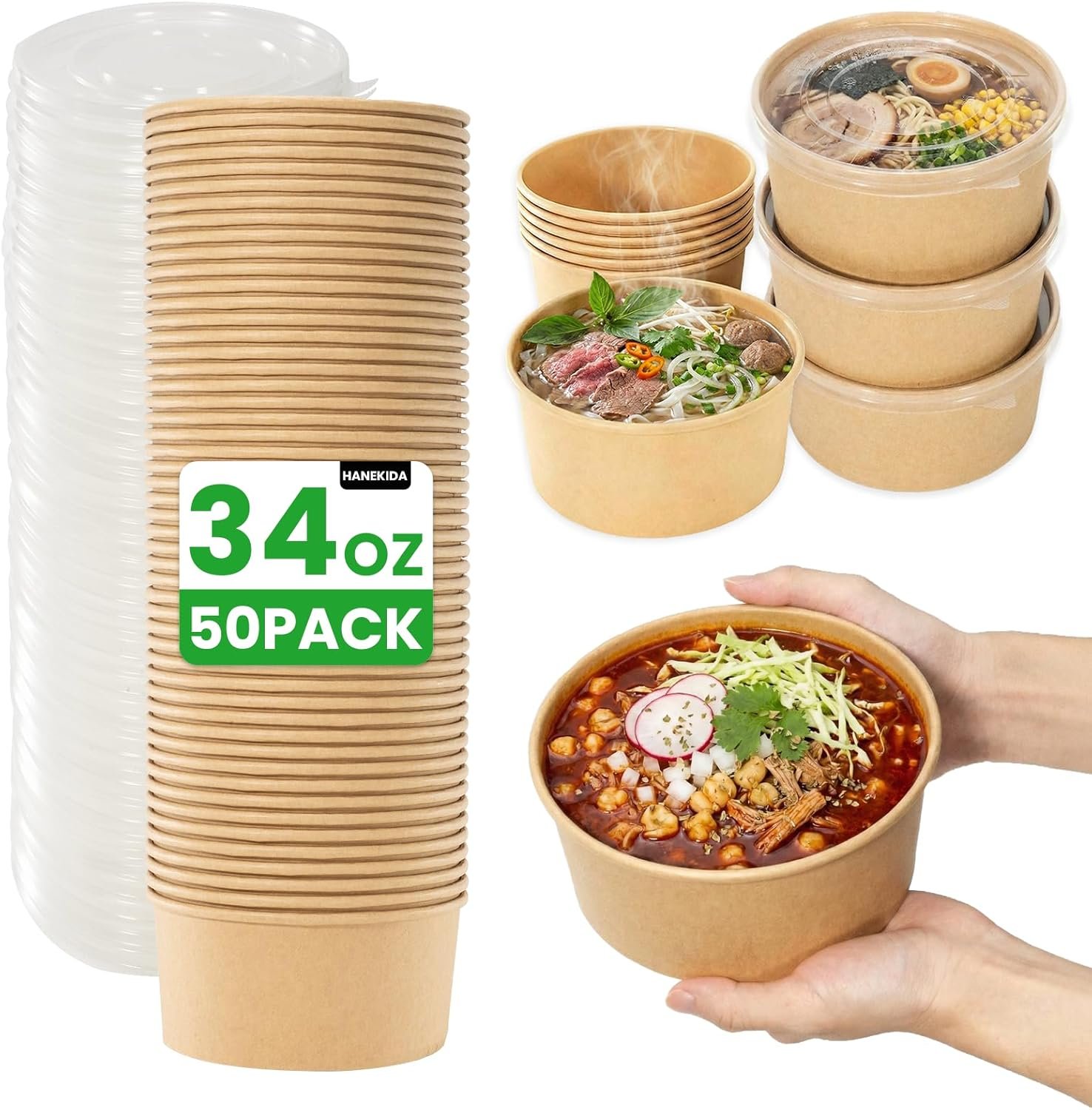 Logo Personalizado 50 Envases Desechables de Preparación de Comidas de 34 oz con Tapa, Cuencos de Papel para Sopas, Apto para Microondas, para Fiestas y Comidas al Aire Libre | Marca Blanca de Proveedor.