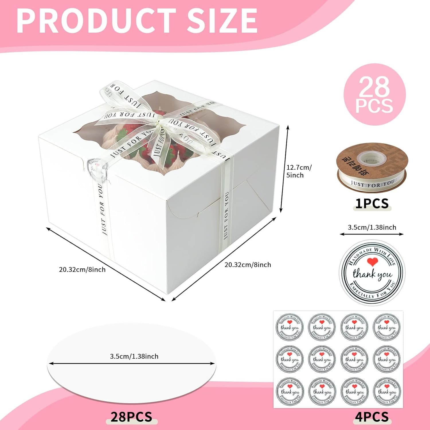 Logo Personalizado 28 Sets de Caja para Pasteles 8x8x5, Cajas Blancas con Ventana para Cheesecake y Pasteles, Contenedores Redondos de 8 pulgadas con Tapas para Pascua y Día de la Madre, Proveedor de Productos de Repostería.