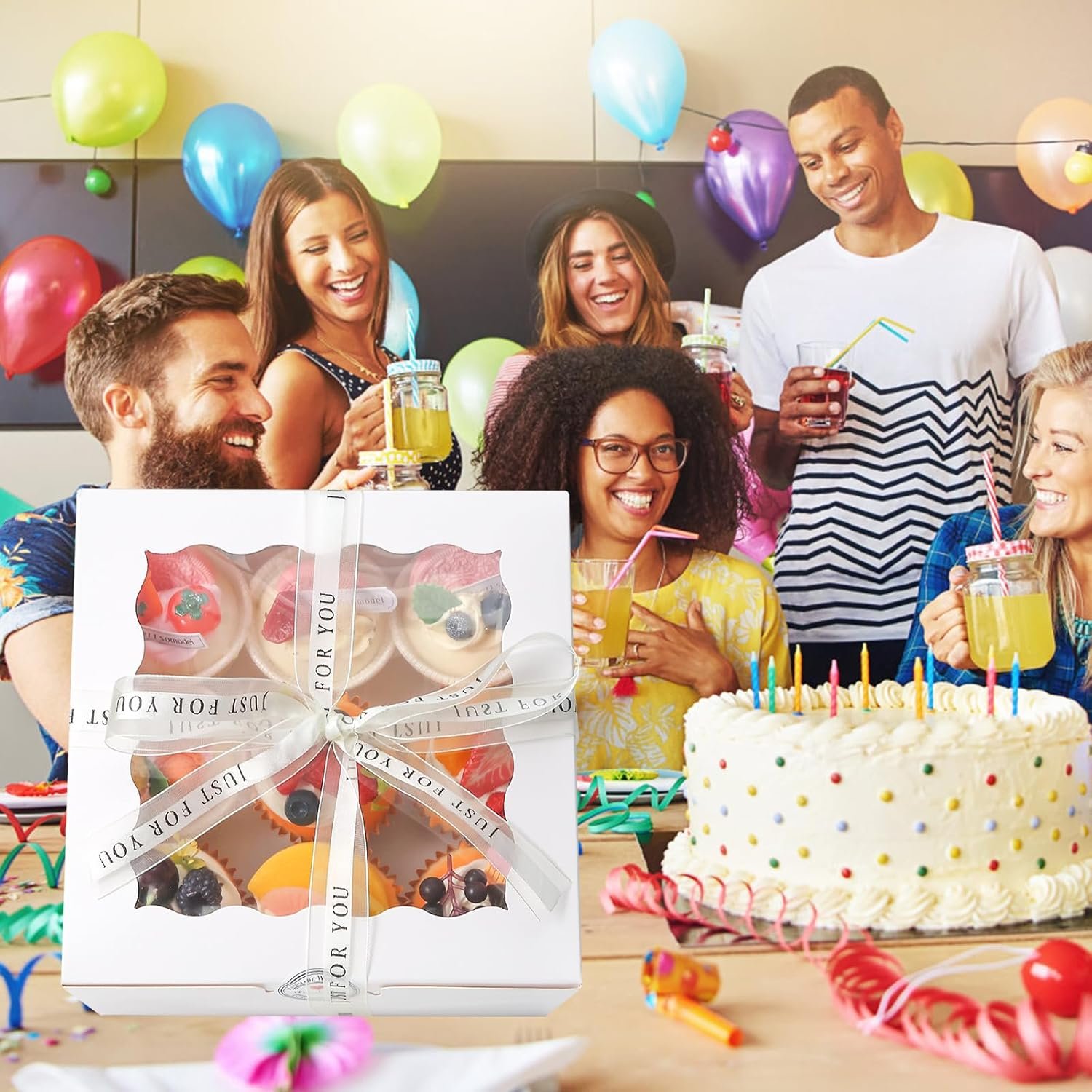 Logo Personalizado 28 Sets de Caja para Pasteles 8x8x5, Cajas Blancas con Ventana para Cheesecake y Pasteles, Contenedores Redondos de 8 pulgadas con Tapas para Pascua y Día de la Madre, Proveedor de Productos de Repostería.