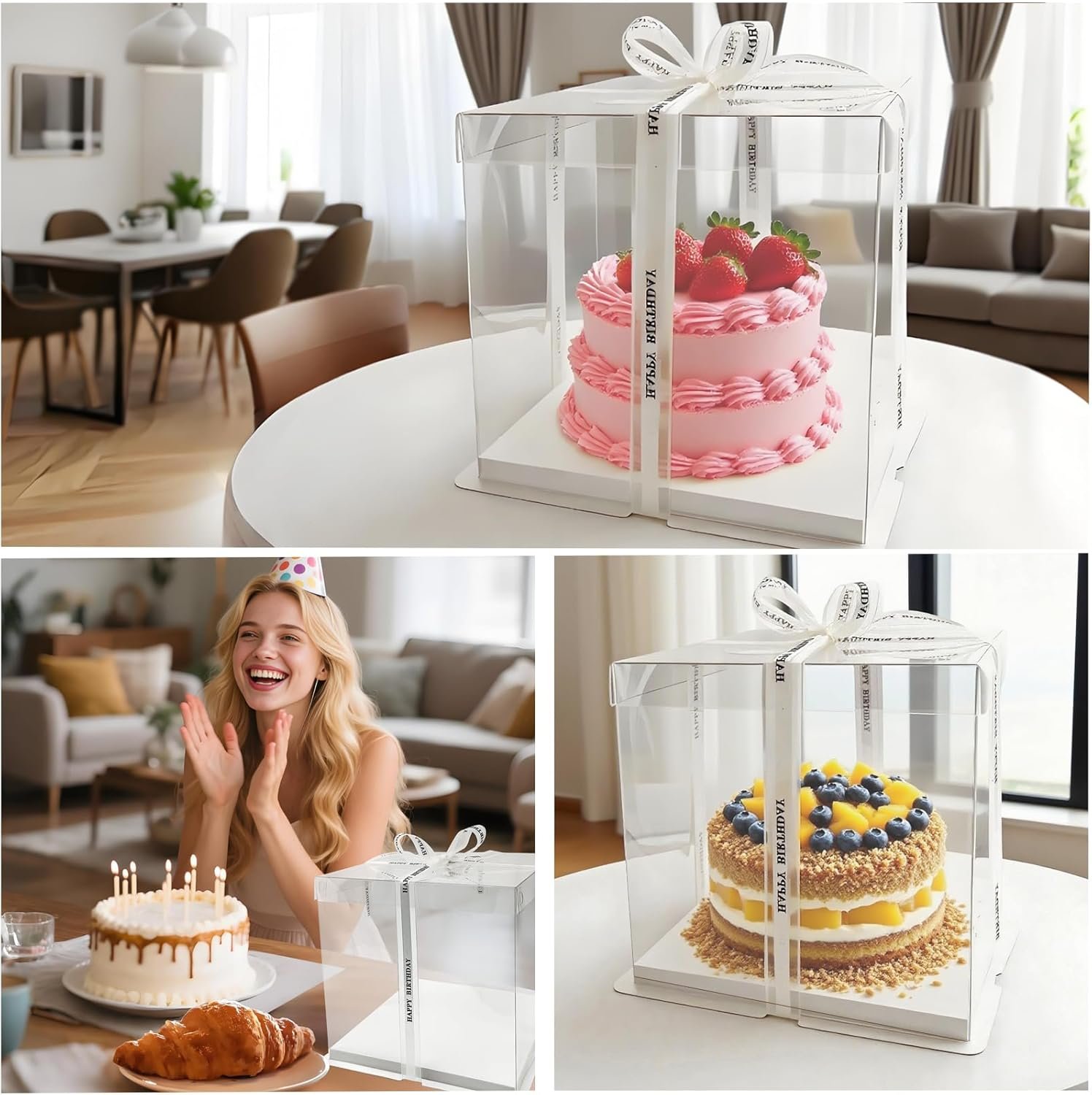 Caja de pastel transparente 6 paquetes con cinta, 8 x 8 x 9 pulgadas, contenedor de transporte para pasteles, Logo Personalizado, envases para llevar de repostería para cumpleaños, bodas, fiestas, Marca Blanca, Proveedor.