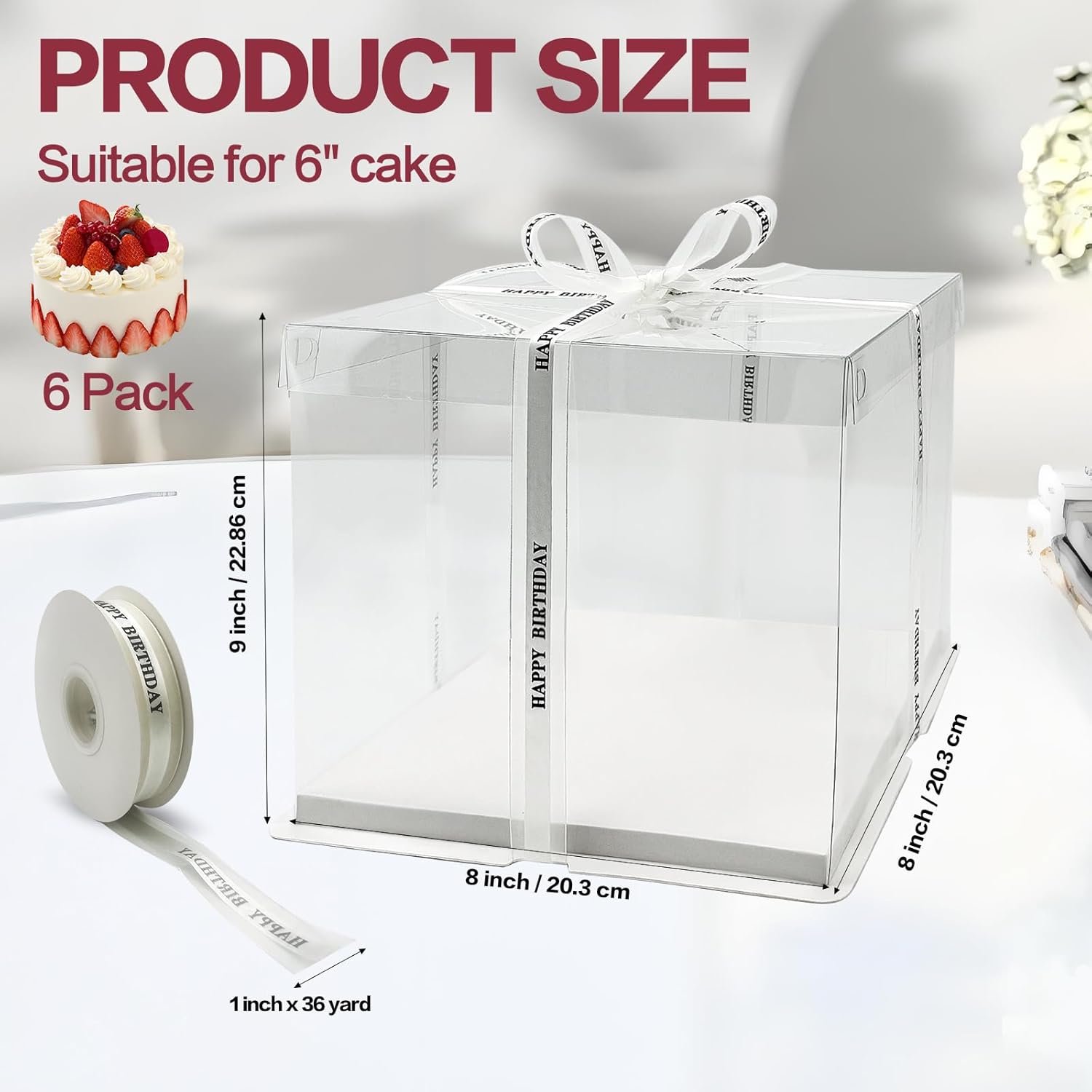 Caja de pastel transparente 6 paquetes con cinta, 8 x 8 x 9 pulgadas, contenedor de transporte para pasteles, Logo Personalizado, envases para llevar de repostería para cumpleaños, bodas, fiestas, Marca Blanca, Proveedor.