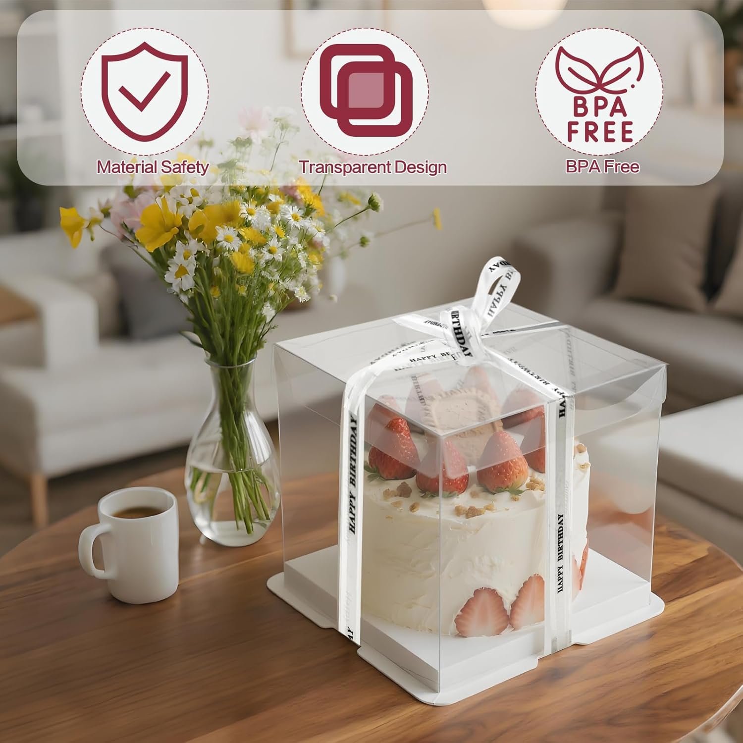 Caja de pastel transparente 6 paquetes con cinta, 8 x 8 x 9 pulgadas, contenedor de transporte para pasteles, Logo Personalizado, envases para llevar de repostería para cumpleaños, bodas, fiestas, Marca Blanca, Proveedor.