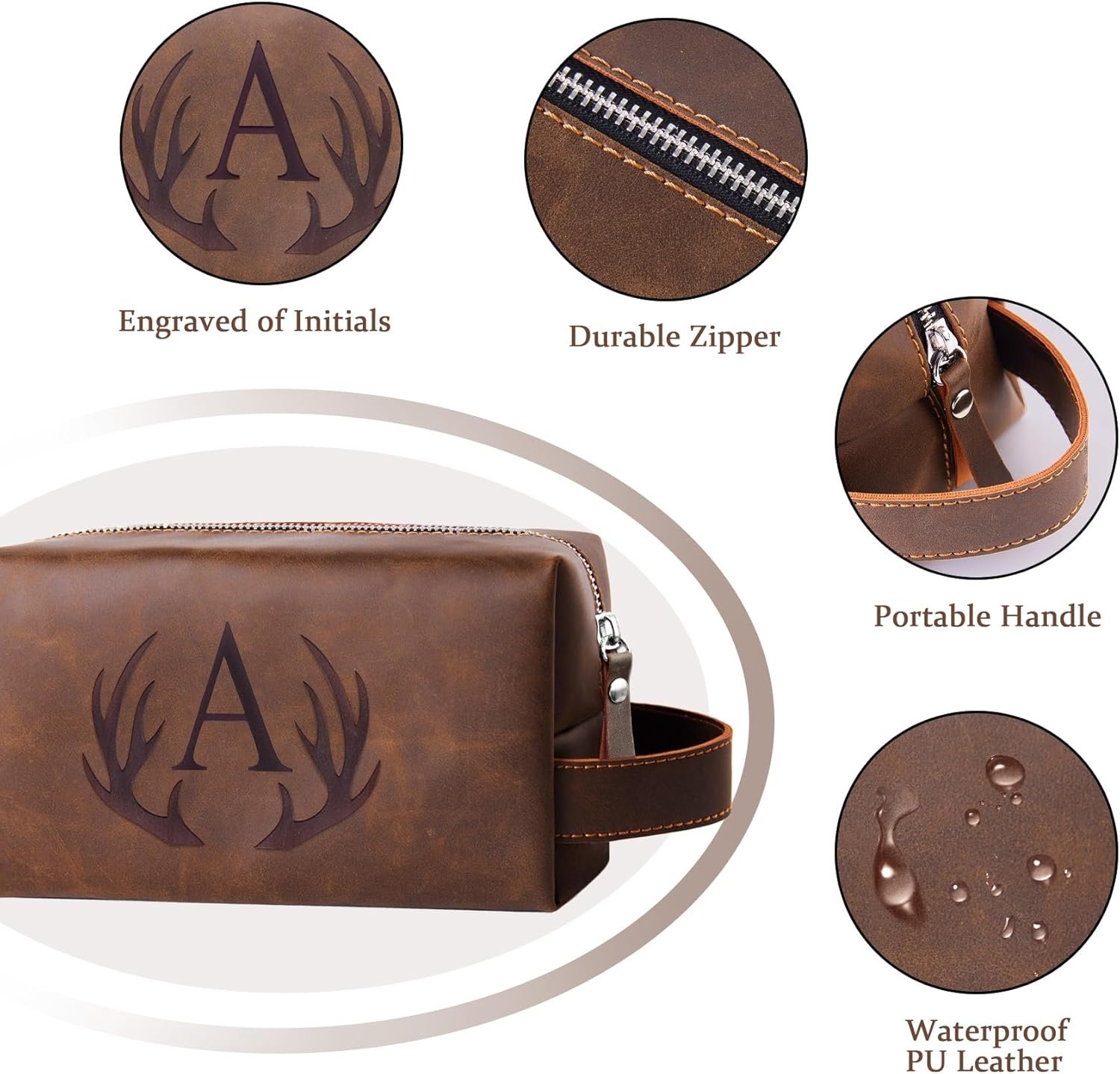 Logo Personalizado Necessaire de Aseo para Hombre con Inicial Grabada, Regalos Originales para Papá, Esposo, Novio, Abuelo, Hijo, Bolsa de Aseo de Cuero PU Impermeable, Esenciales de Viaje, Proveedor.