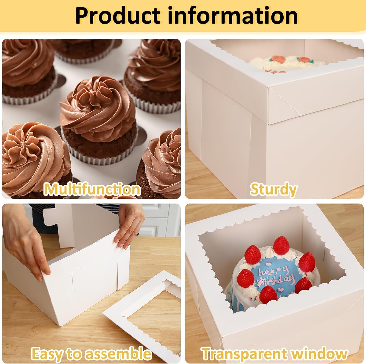 Logo Personalizado 12 cajas de pastel, carretas para tortas de 10x10x8 pulgadas con ventana, caja cuadrada para repostería con tapas para donas, tartas, galletas, boda, cumpleaños, Fabricante.