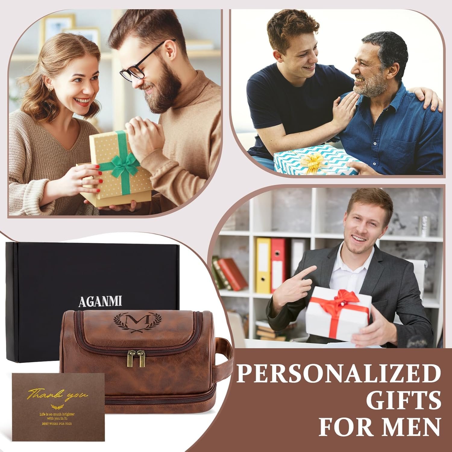Logo Personalizado Neceser de Aseo para Regalos de Navidad y Cumpleaños para Hombres, Organizadora de Cuero PU Impermeable, Bolsa de Afeitar Esencial para Viajes, Fabricante J Marrón Rojizo