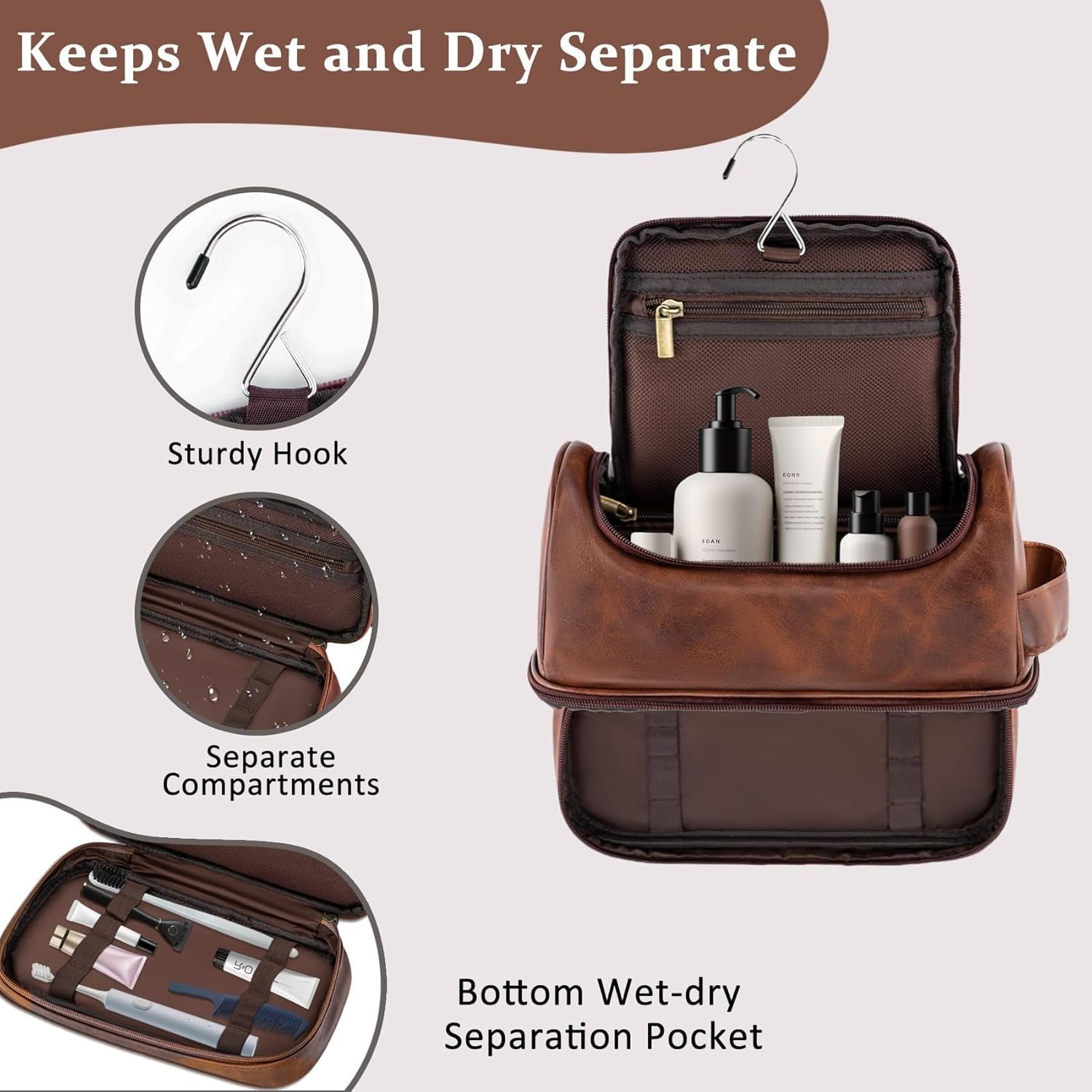 Logo Personalizado Neceser de Aseo para Regalos de Navidad y Cumpleaños para Hombres, Organizadora de Cuero PU Impermeable, Bolsa de Afeitar Esencial para Viajes, Fabricante J Marrón Rojizo