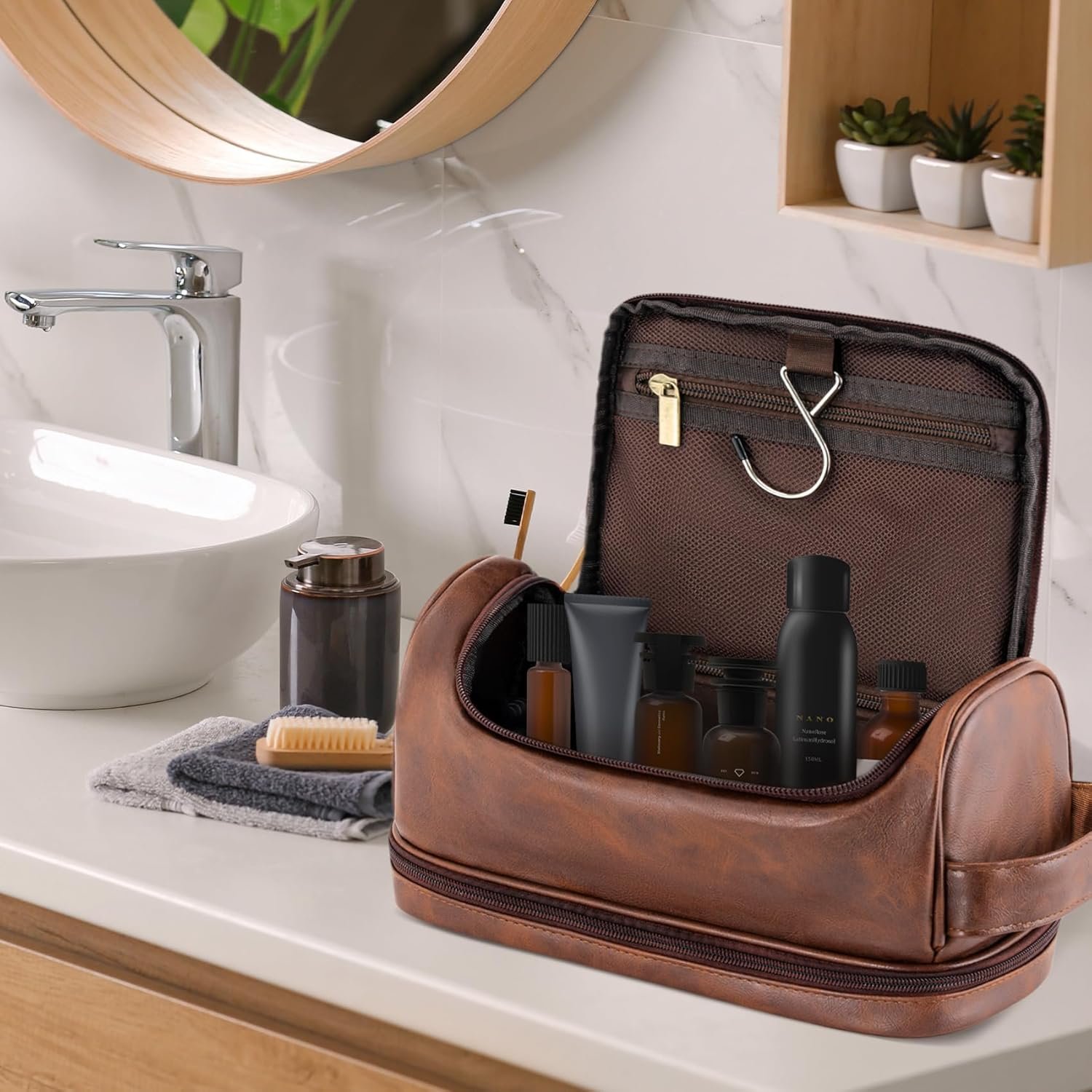 Logo Personalizado Neceser de Aseo para Regalos de Navidad y Cumpleaños para Hombres, Organizadora de Cuero PU Impermeable, Bolsa de Afeitar Esencial para Viajes, Fabricante J Marrón Rojizo