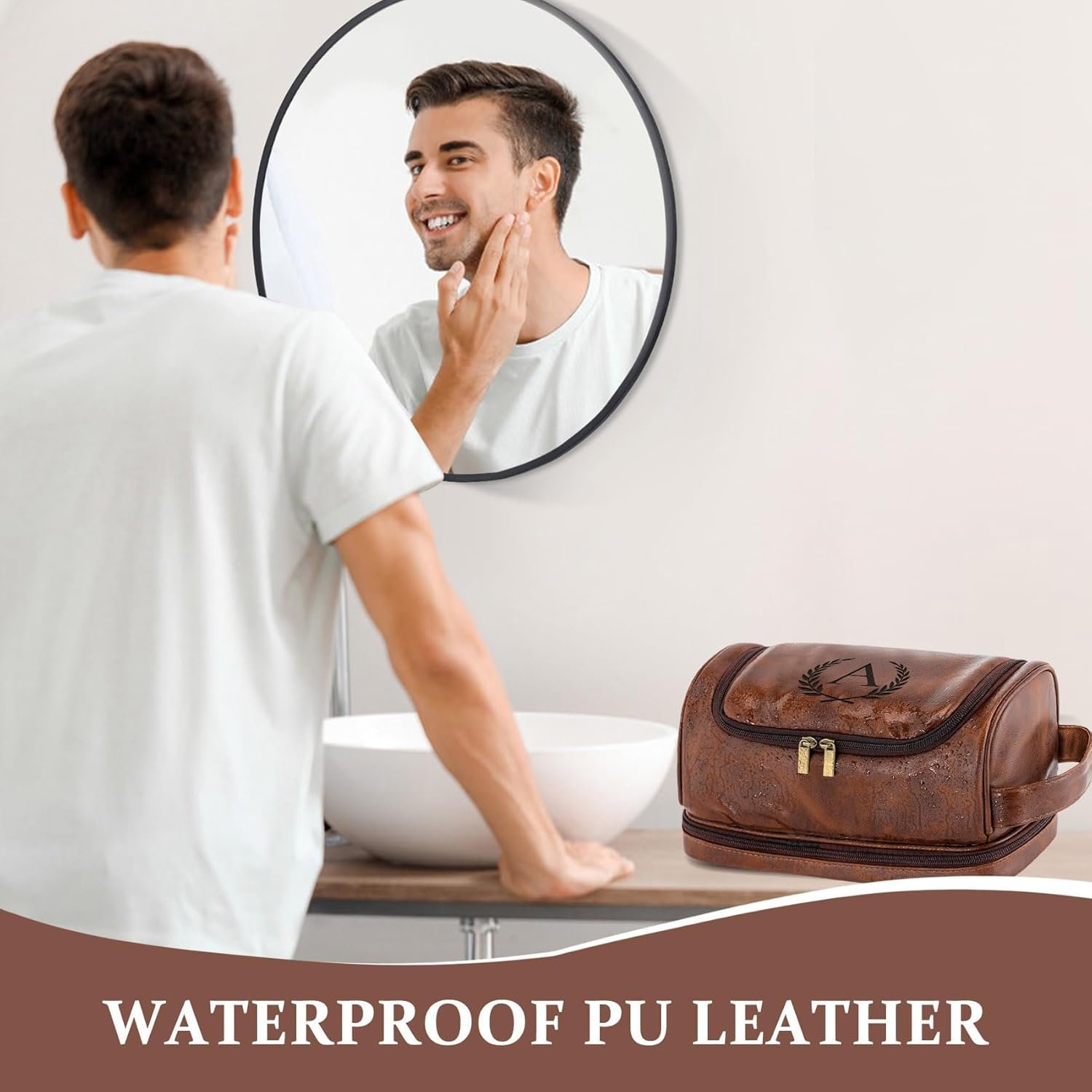 Logo Personalizado Neceser de Aseo para Regalos de Navidad y Cumpleaños para Hombres, Organizadora de Cuero PU Impermeable, Bolsa de Afeitar Esencial para Viajes, Fabricante J Marrón Rojizo