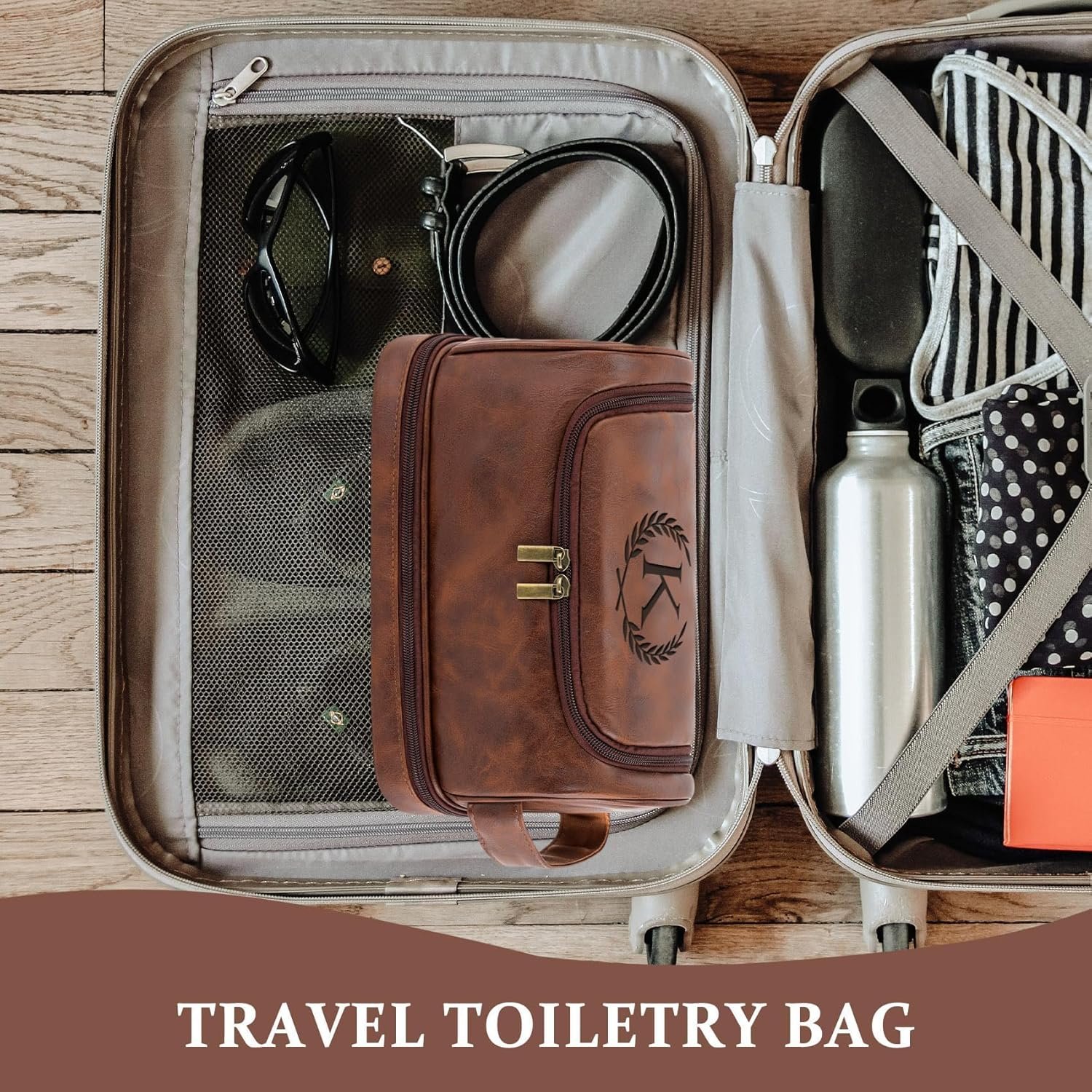 Logo Personalizado Neceser de Aseo para Regalos de Navidad y Cumpleaños para Hombres, Organizadora de Cuero PU Impermeable, Bolsa de Afeitar Esencial para Viajes, Fabricante J Marrón Rojizo
