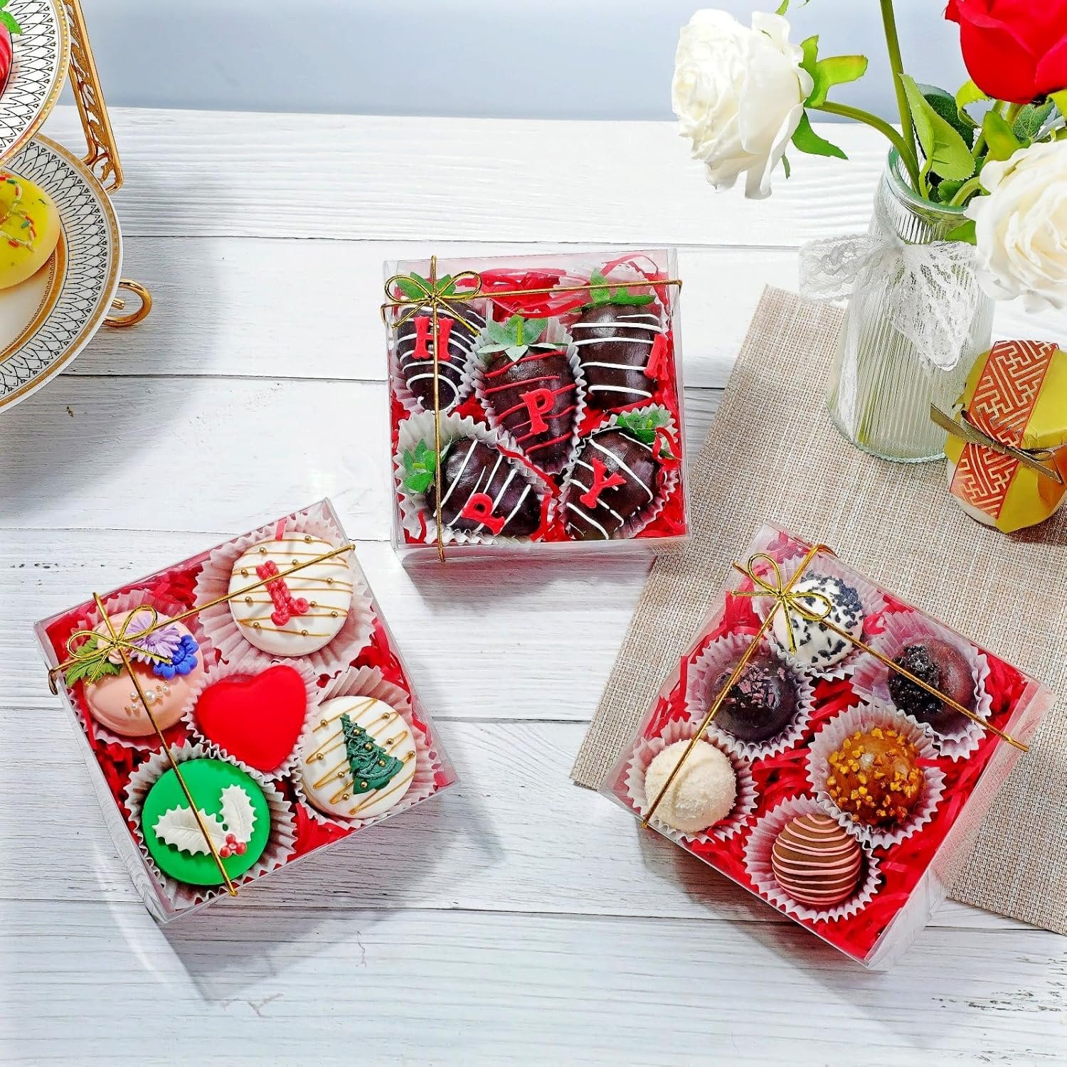 Logo Personalizado Cajas de Panadería Transparentes de 25 Pack 5x5x2 Pulgadas para Chocolates, Mini Tortas, Galletas, Macarons y Brownies Marca Blanca de Fábrica.