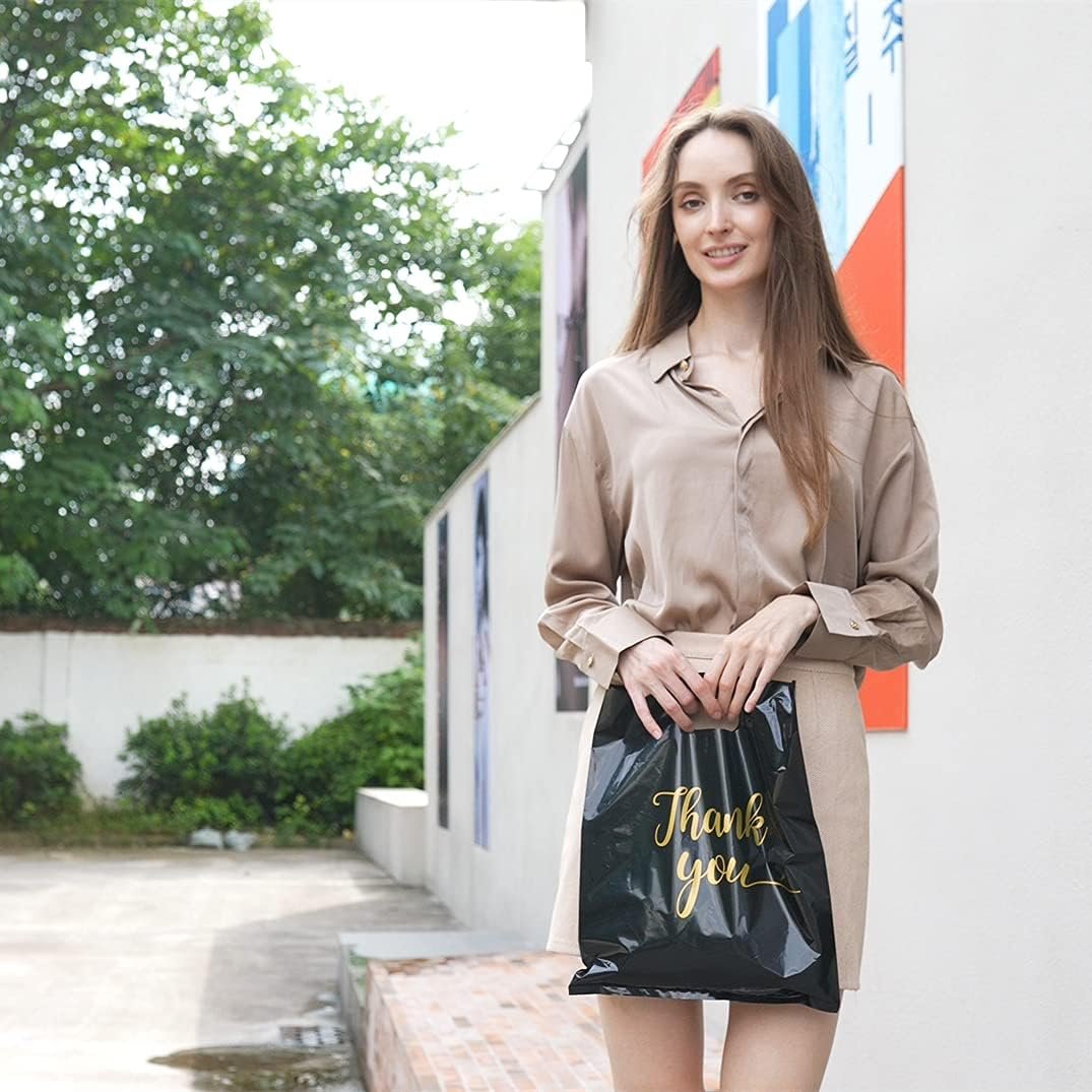 Bolsas de Agradecimiento con Asa para Negocios 100 Pack 12x15 Pulgadas Extra Gruesas 2.36 Mil Reutilizables para Empaque de Productos en Tiendas Minoristas Boutique Regalos con Logo Personalizado de Proveedor.
