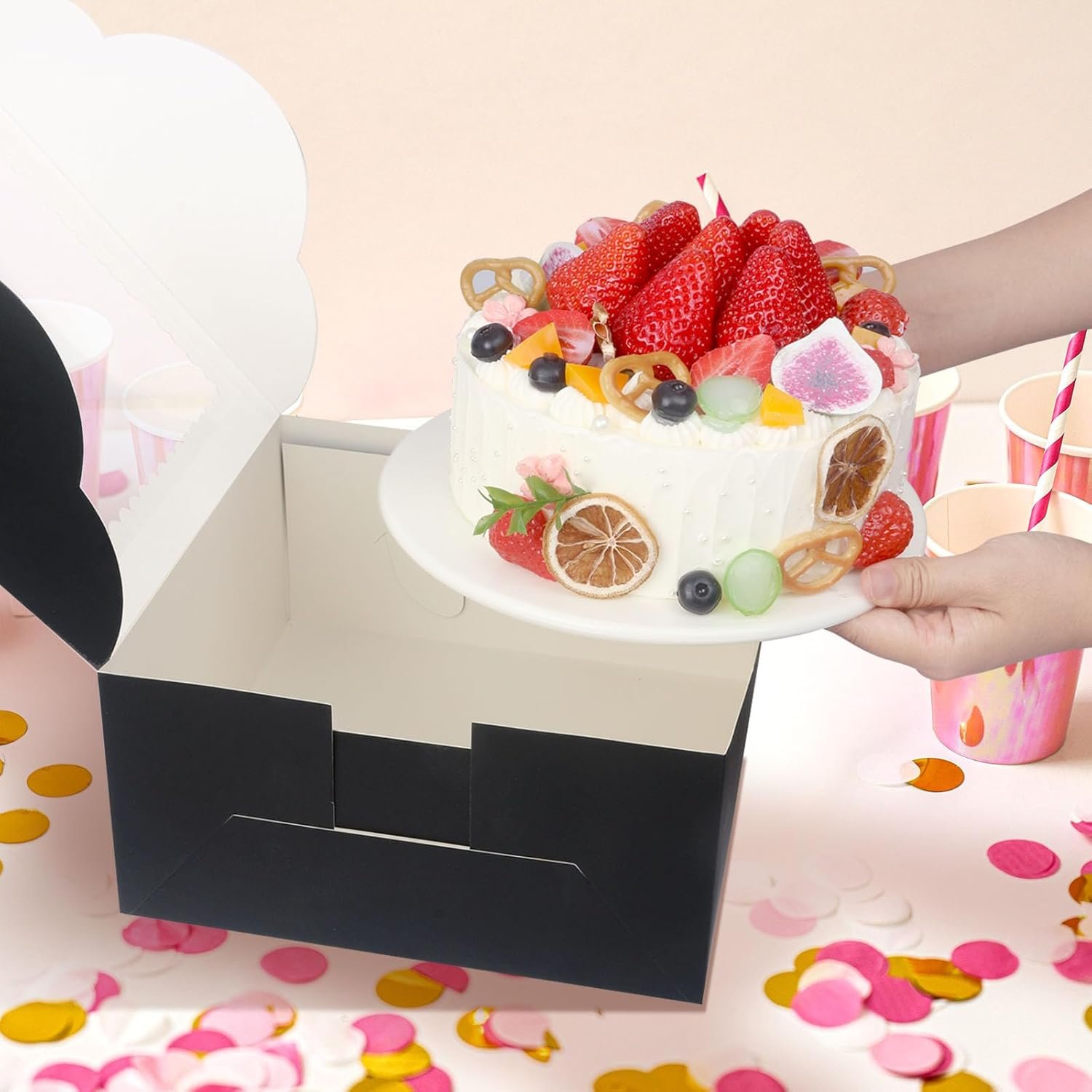 Logo Personalizado 20 Piezas Cajas de Pasteles de 10 Pulgadas con Ventana, 10x10x5 Pulgadas Cajas Negras para Panadería, Contenedor para Pasteles, Tartas, Galletas, Chocolates, Cupcakes, Fiesta de Cumpleaños, Boda, Marca Blanca Fábrica.