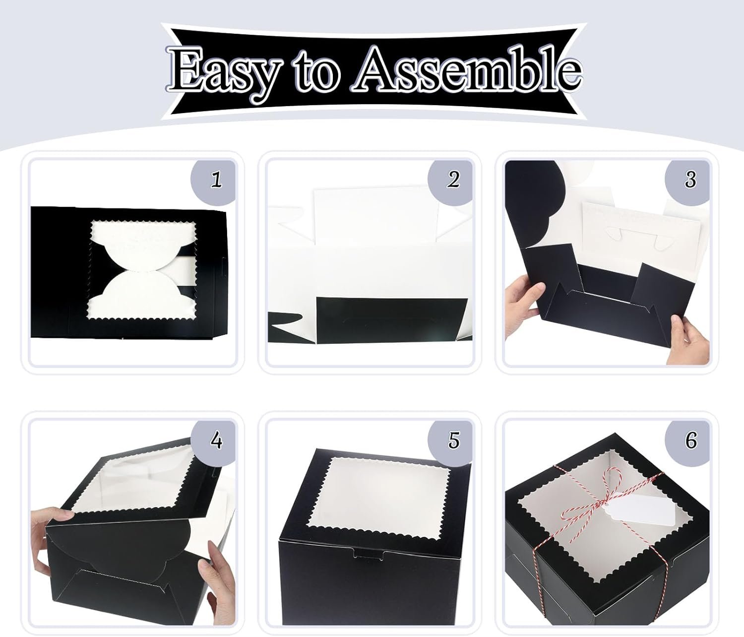 Logo Personalizado 20 Piezas Cajas de Pasteles de 10 Pulgadas con Ventana, 10x10x5 Pulgadas Cajas Negras para Panadería, Contenedor para Pasteles, Tartas, Galletas, Chocolates, Cupcakes, Fiesta de Cumpleaños, Boda, Marca Blanca Fábrica.