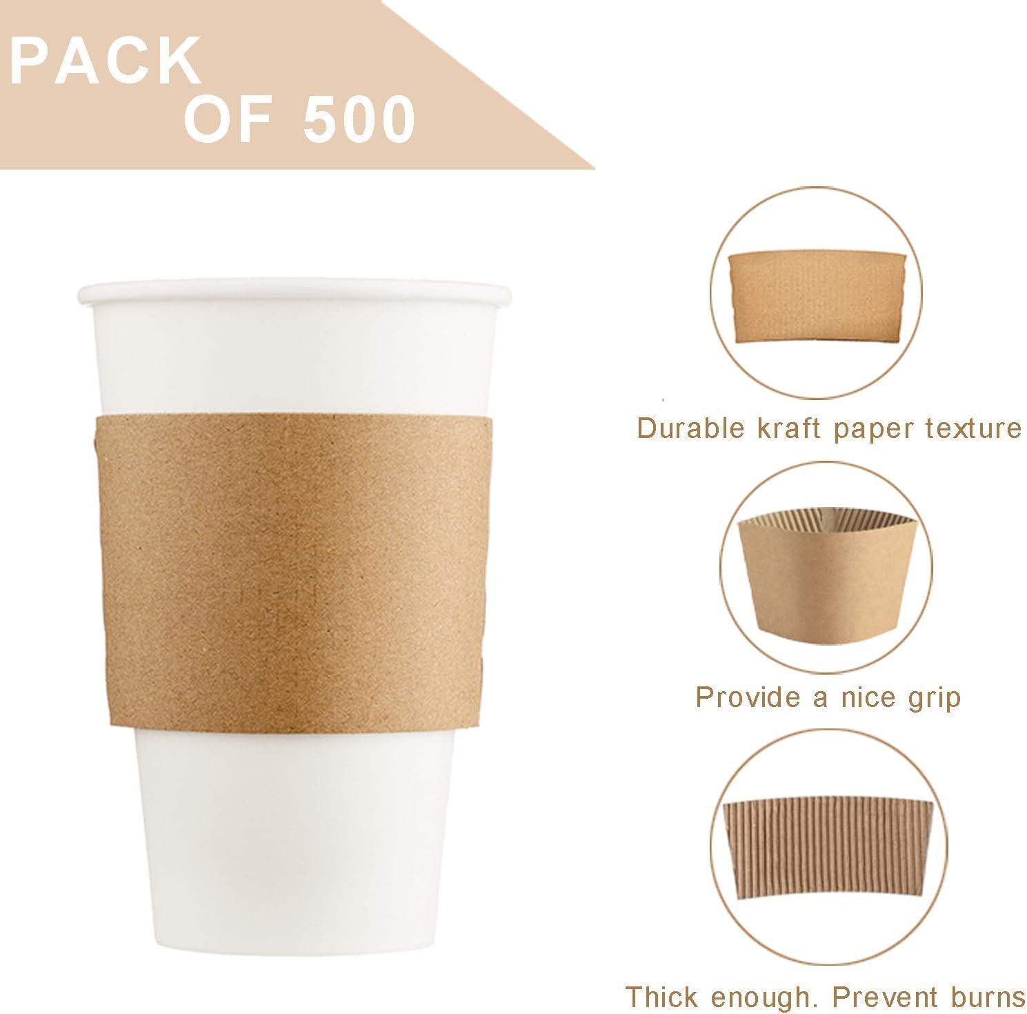 Logo Personalizado para Manga de Café de 500 PCS, Ideal para Vasos de 12oz, 16oz, 20oz, 22oz y 24oz, Manga de Papel Kraft Perfecta para Bebidas Calientes, Desechable y Reciclable en Color Marrón, Proveedor de Envases Sostenibles.