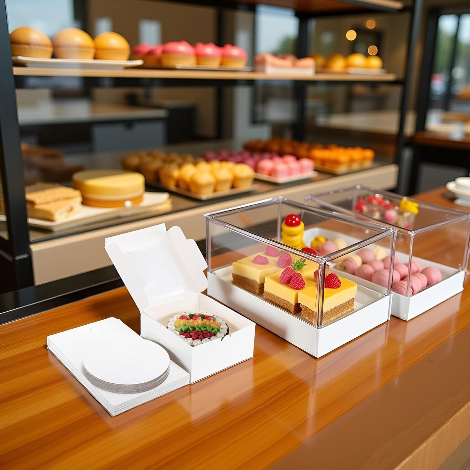 Caja de pastel de 20 unidades 8x8x5 con ventana y bases para pasteles (10 cajas + 10 bases), elegante contenedor blanco para pasteles, galletas, bodas y cumpleaños, logo personalizado, ideal para marca blanca del fabricante.