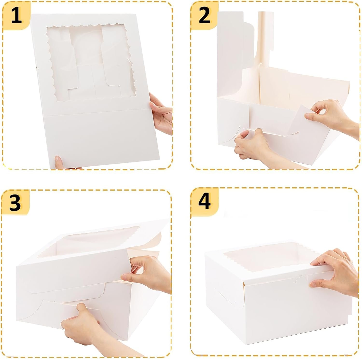 Caja de pastel de 20 unidades 8x8x5 con ventana y bases para pasteles (10 cajas + 10 bases), elegante contenedor blanco para pasteles, galletas, bodas y cumpleaños, logo personalizado, ideal para marca blanca del fabricante.