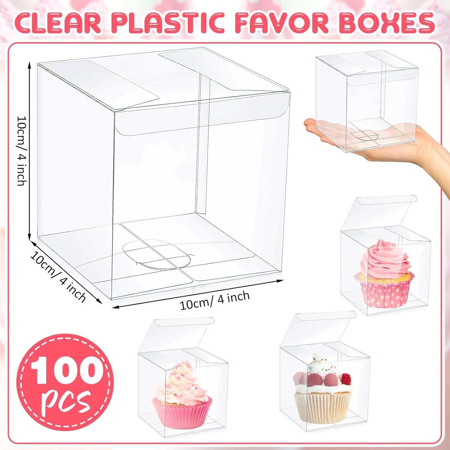 Cajas de Favor Transparentes 4 x 4 x 4 Pulgadas con Logo Personalizado – Paquete de 100 Piezas de PVC para Dulces y Regalos – Ideal para Marca Blanca en Fábrica para Fiestas de Bodas, Baby Shower y Regreso a Clases