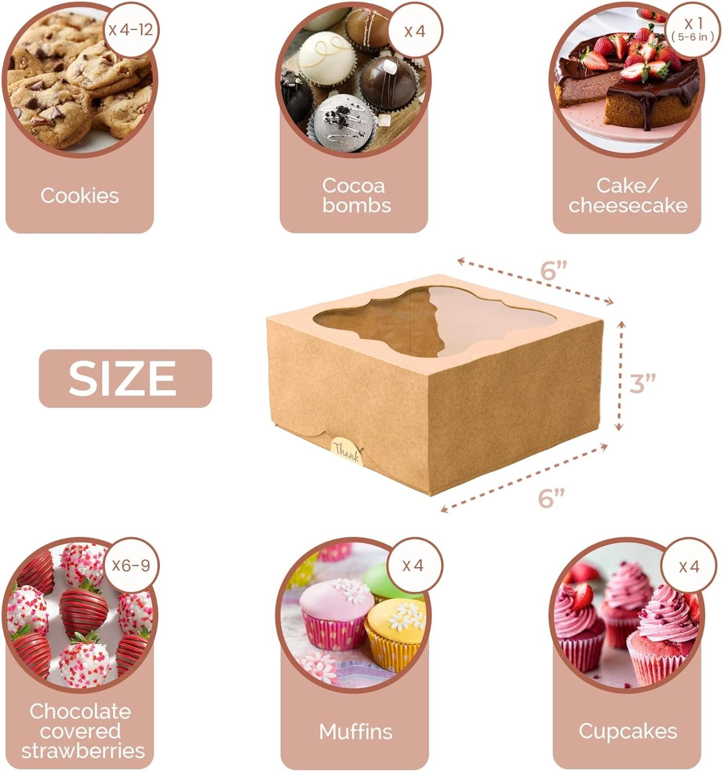 Logo Personalizado Cajas de Galletas de 20 Paquetes – 6X6X3 Pulgadas con Ventana – Contenedores Pequeños Extra Gruesos para Dulces, Postres, Fresas, Cupcakes, Caramelos, Charcutería, Productos Horneados, Pastelería de Fábrica.
