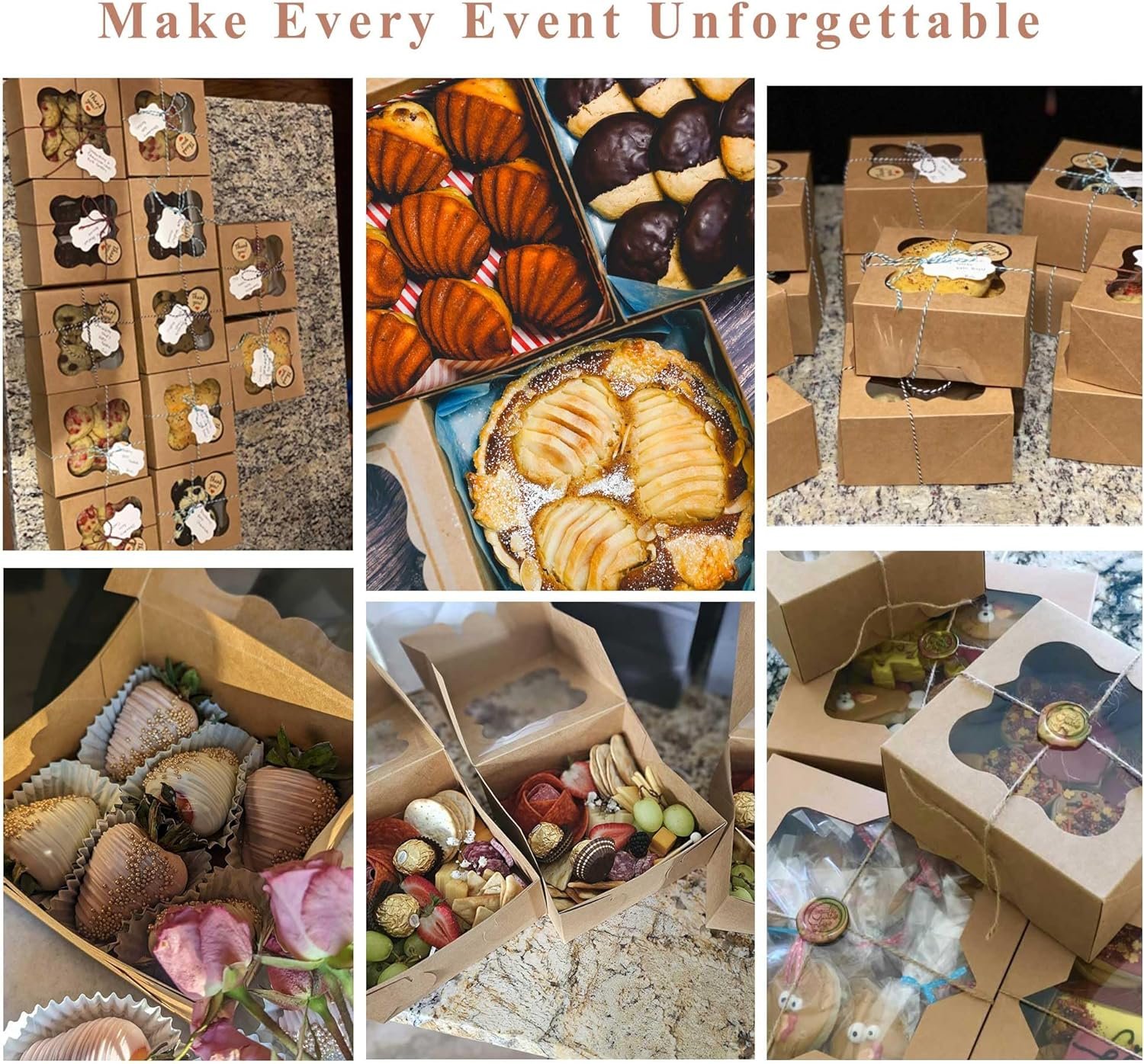 Logo Personalizado Cajas de Galletas de 20 Paquetes – 6X6X3 Pulgadas con Ventana – Contenedores Pequeños Extra Gruesos para Dulces, Postres, Fresas, Cupcakes, Caramelos, Charcutería, Productos Horneados, Pastelería de Fábrica.