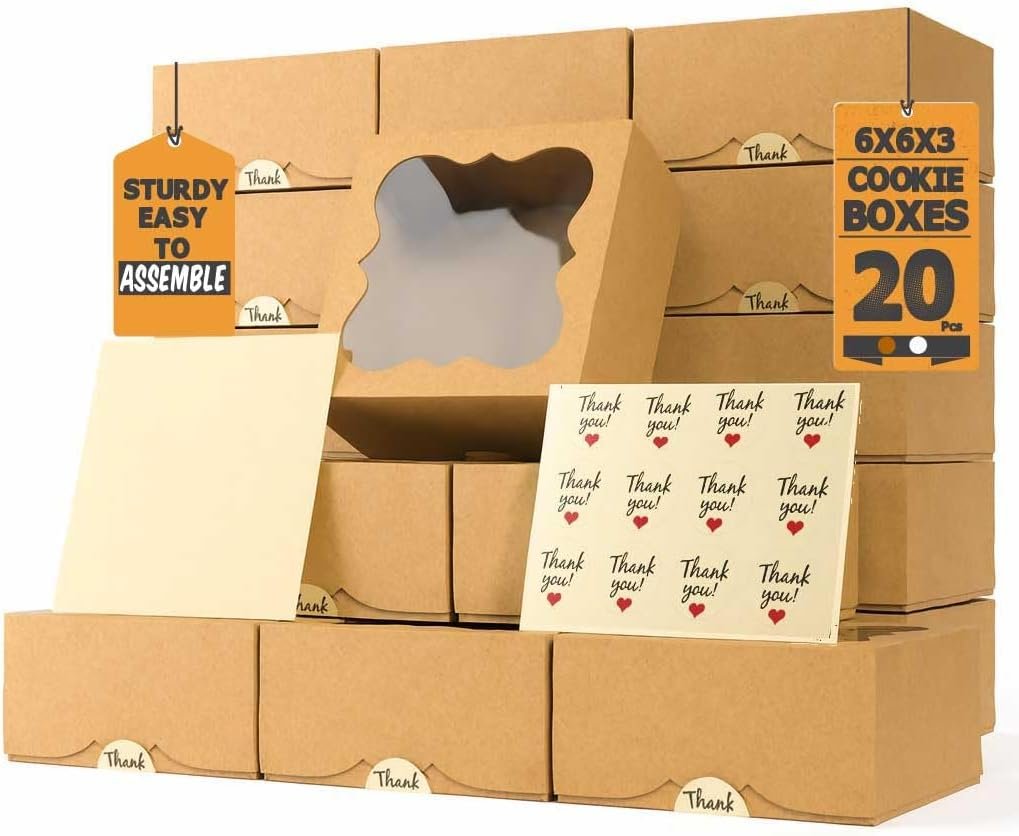 Logo Personalizado Cajas de Galletas de 20 Paquetes – 6X6X3 Pulgadas con Ventana – Contenedores Pequeños Extra Gruesos para Dulces, Postres, Fresas, Cupcakes, Caramelos, Charcutería, Productos Horneados, Pastelería de Fábrica.