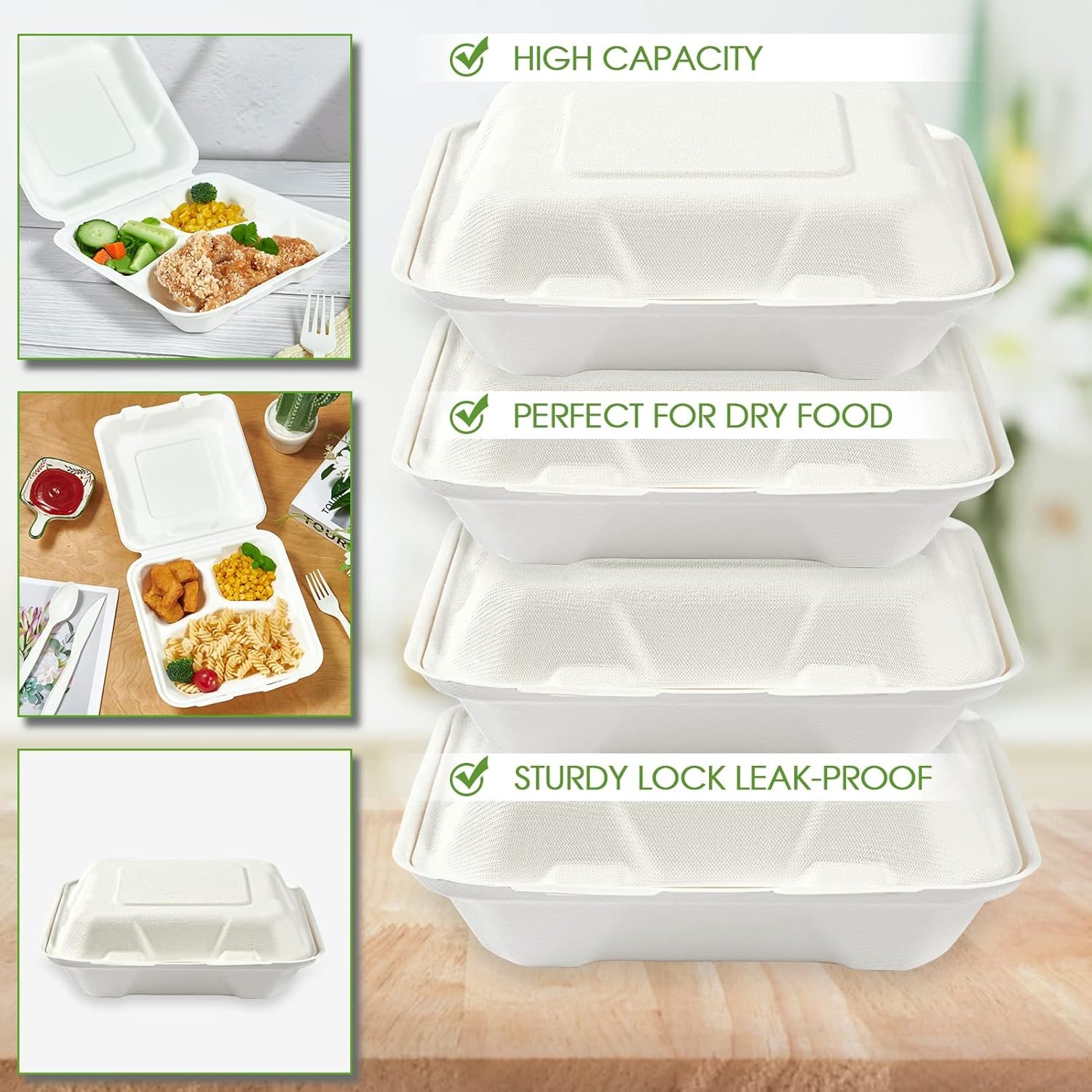 Logo Personalizado envases de comida desechables compostables 100% ecológicos, pack de 90, 8 pulgadas x 8 pulgadas, con 3 compartimentos, ideales para almuerzos al día siguiente y fiestas, Proveedor de soluciones sostenibles.