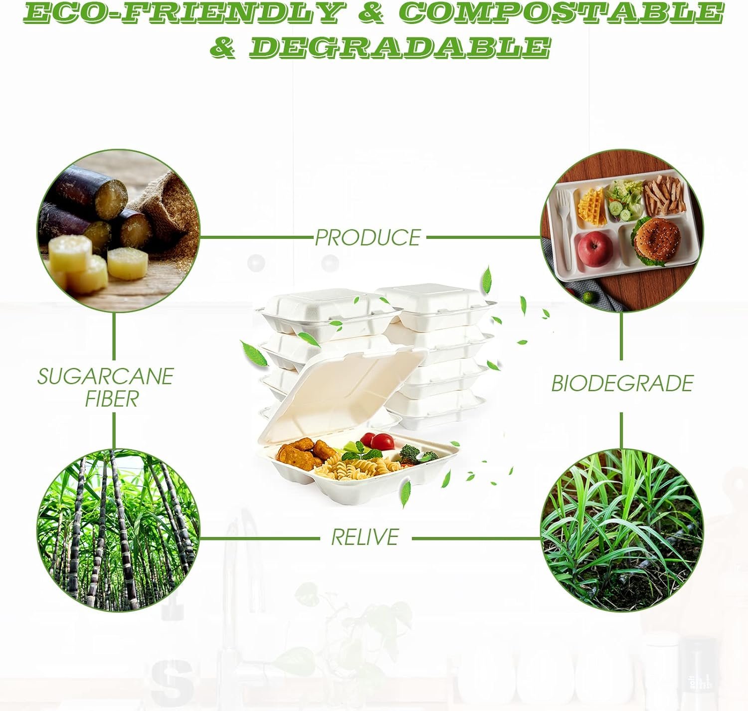 Logo Personalizado envases de comida desechables compostables 100% ecológicos, pack de 90, 8 pulgadas x 8 pulgadas, con 3 compartimentos, ideales para almuerzos al día siguiente y fiestas, Proveedor de soluciones sostenibles.