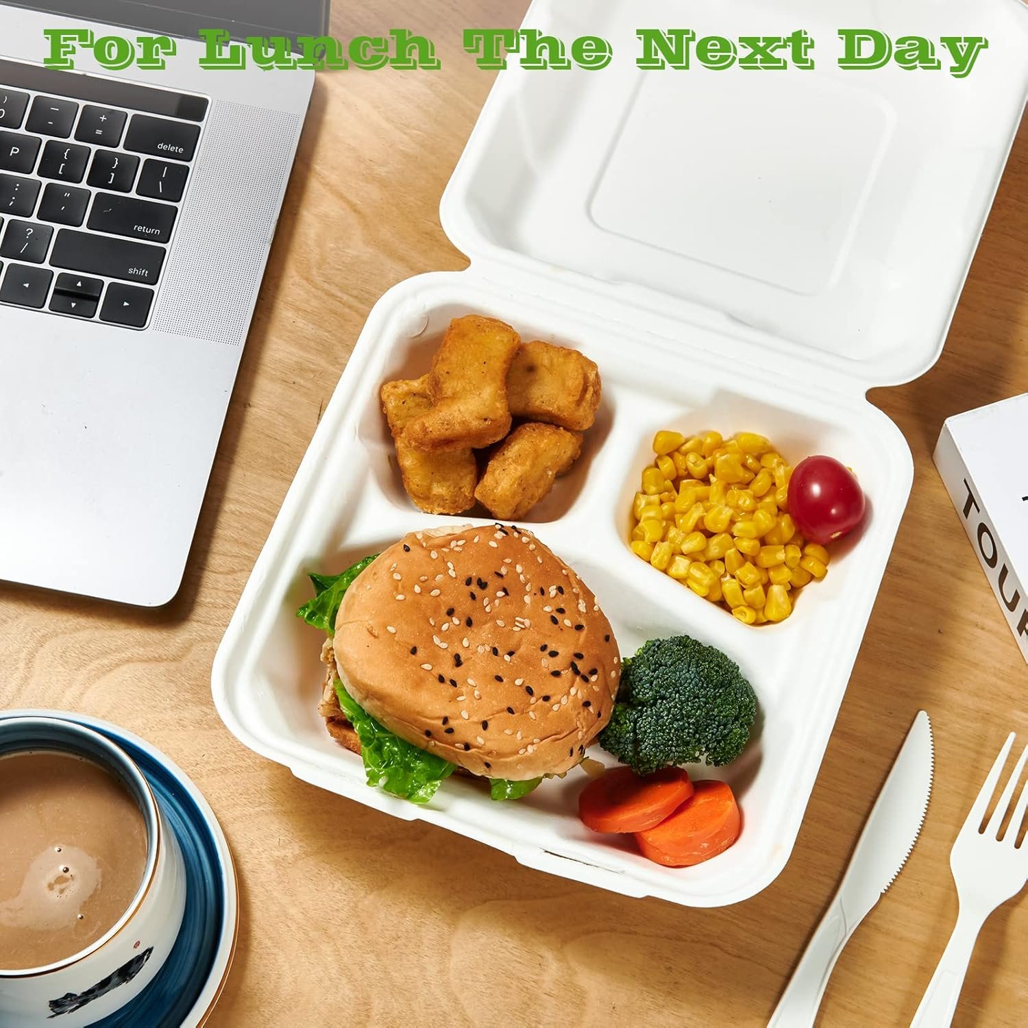 Logo Personalizado envases de comida desechables compostables 100% ecológicos, pack de 90, 8 pulgadas x 8 pulgadas, con 3 compartimentos, ideales para almuerzos al día siguiente y fiestas, Proveedor de soluciones sostenibles.