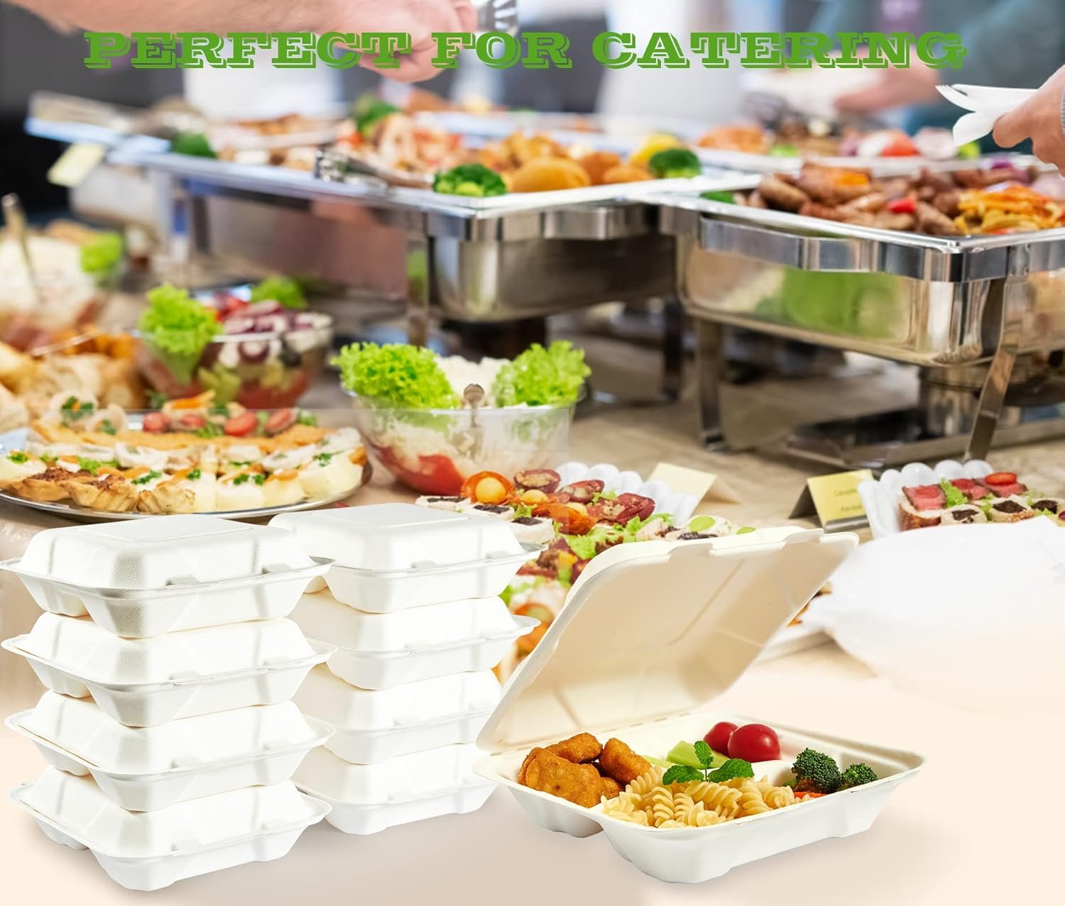 Logo Personalizado envases de comida desechables compostables 100% ecológicos, pack de 90, 8 pulgadas x 8 pulgadas, con 3 compartimentos, ideales para almuerzos al día siguiente y fiestas, Proveedor de soluciones sostenibles.