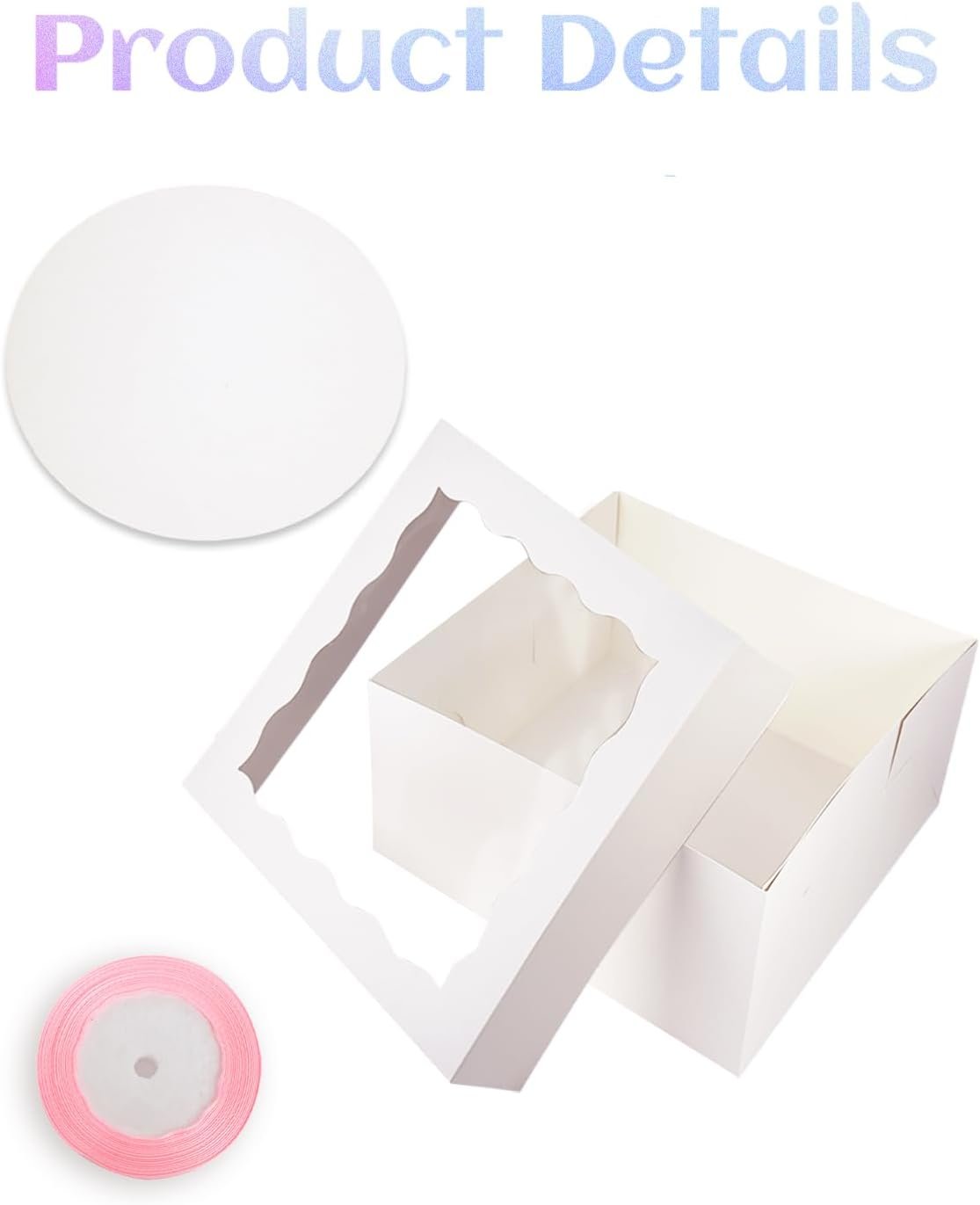 Logo Personalizado - Pack de 18 cajas de pasteles blancas de 12x12x8 pulgadas con ventana, 36 piezas y 10 metros de cinta de seda - Marca Blanca de Proveedor. Logo Personalizado - Pack de 18 cajas de pasteles blancas de 12x12x8 pulgadas con ventana, 36 piezas y 10 metros de cinta de seda - Marca Blanca de Proveedor.