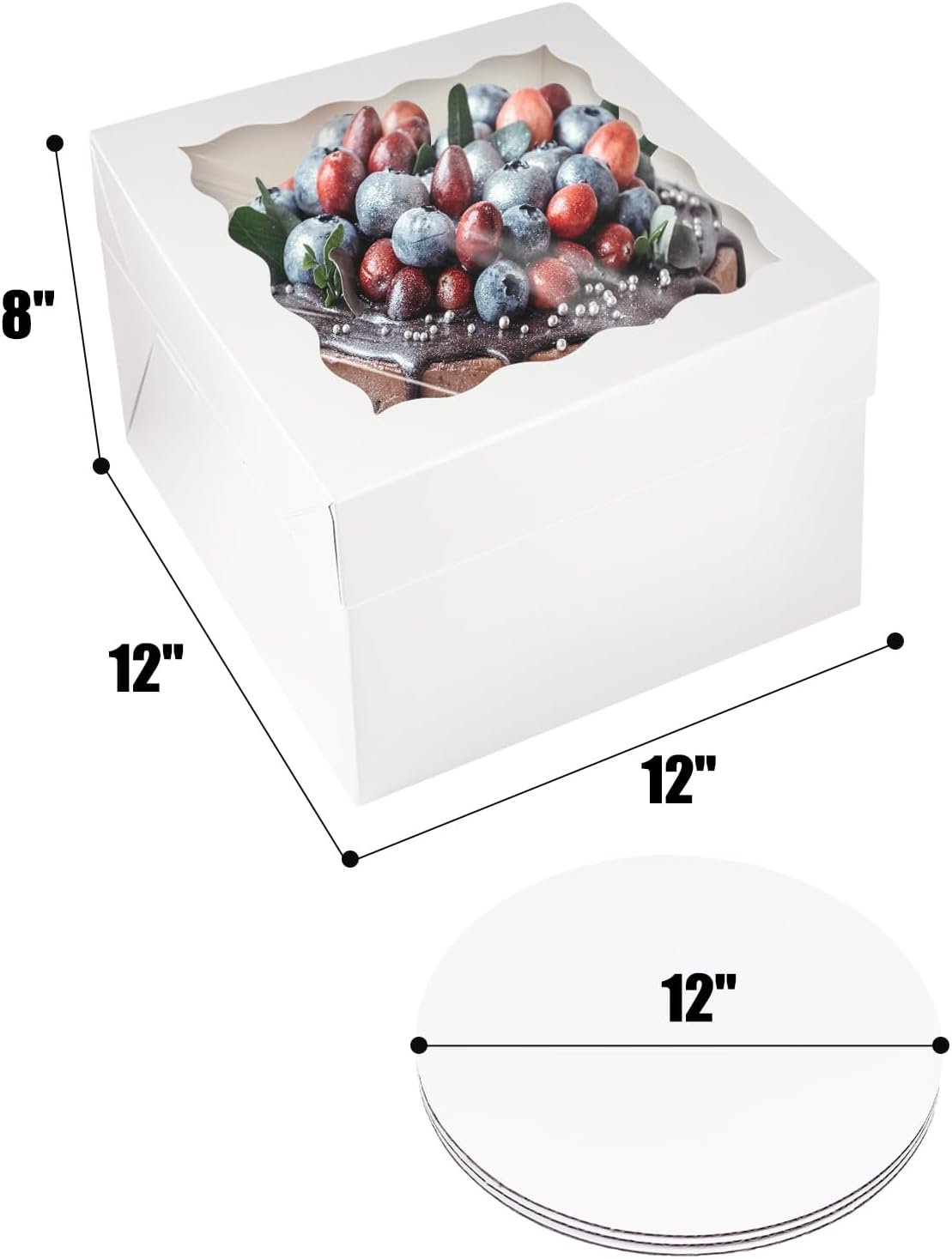 Logo Personalizado - Pack de 18 cajas de pasteles blancas de 12x12x8 pulgadas con ventana, 36 piezas y 10 metros de cinta de seda - Marca Blanca de Proveedor. Logo Personalizado - Pack de 18 cajas de pasteles blancas de 12x12x8 pulgadas con ventana, 36 piezas y 10 metros de cinta de seda - Marca Blanca de Proveedor.