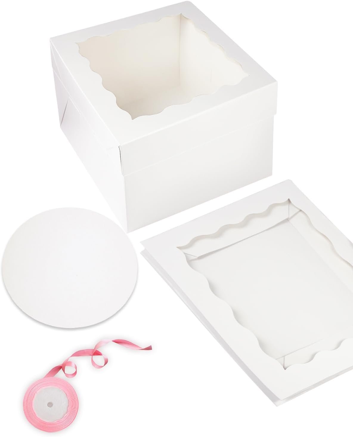 Logo Personalizado - Pack de 18 cajas de pasteles blancas de 12x12x8 pulgadas con ventana, 36 piezas y 10 metros de cinta de seda - Marca Blanca de Proveedor. Logo Personalizado - Pack de 18 cajas de pasteles blancas de 12x12x8 pulgadas con ventana, 36 piezas y 10 metros de cinta de seda - Marca Blanca de Proveedor.