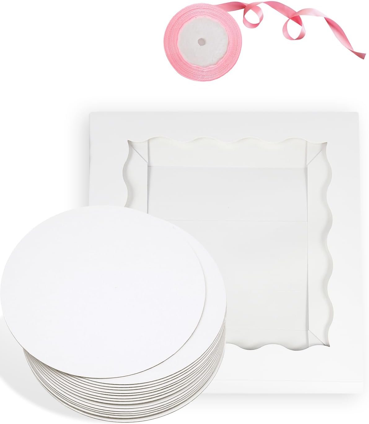 Logo Personalizado - Pack de 18 cajas de pasteles blancas de 12x12x8 pulgadas con ventana, 36 piezas y 10 metros de cinta de seda - Marca Blanca de Proveedor. Logo Personalizado - Pack de 18 cajas de pasteles blancas de 12x12x8 pulgadas con ventana, 36 piezas y 10 metros de cinta de seda - Marca Blanca de Proveedor.