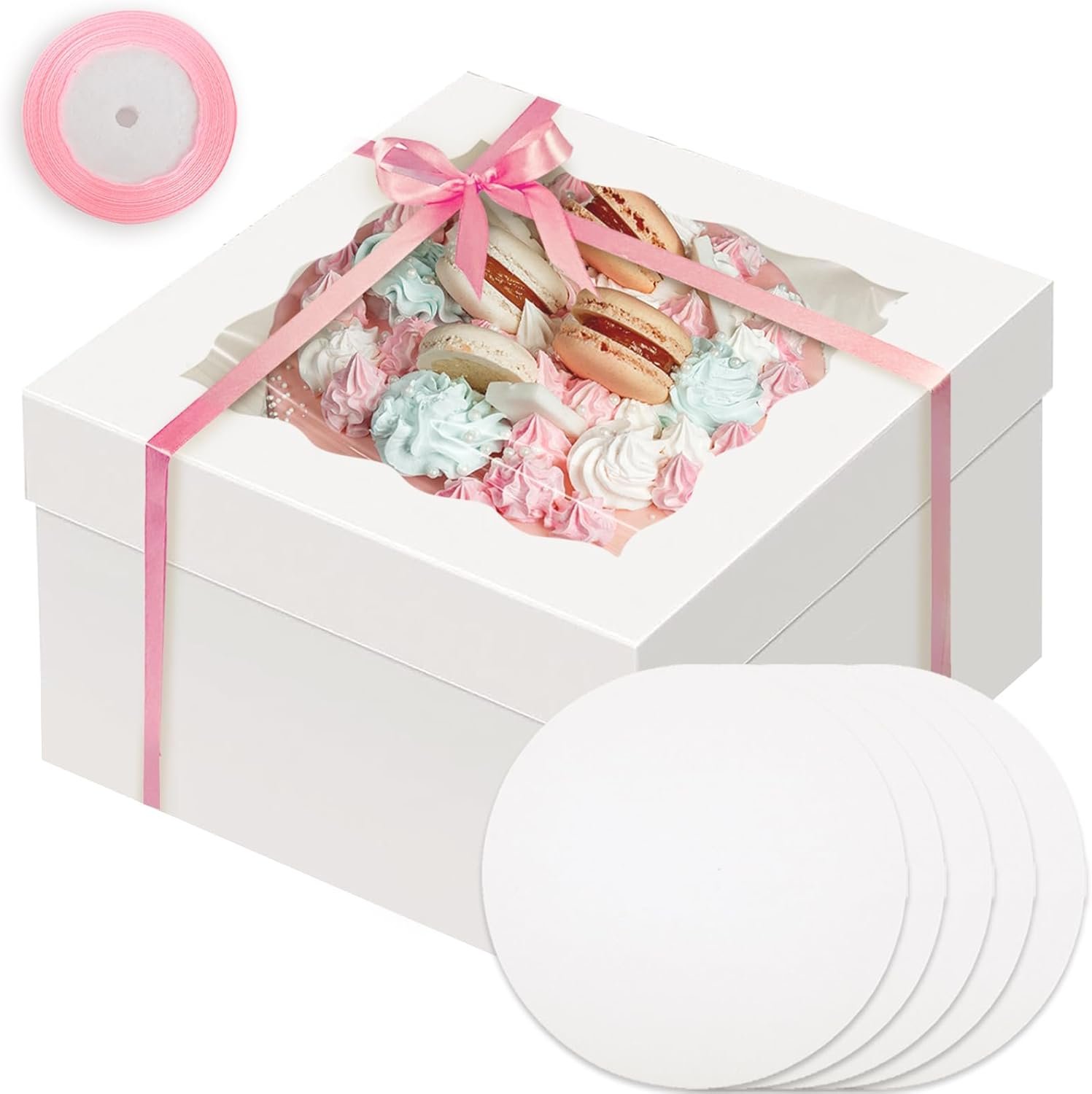 Logo Personalizado - Pack de 18 cajas de pasteles blancas de 12x12x8 pulgadas con ventana, 36 piezas y 10 metros de cinta de seda - Marca Blanca de Proveedor.