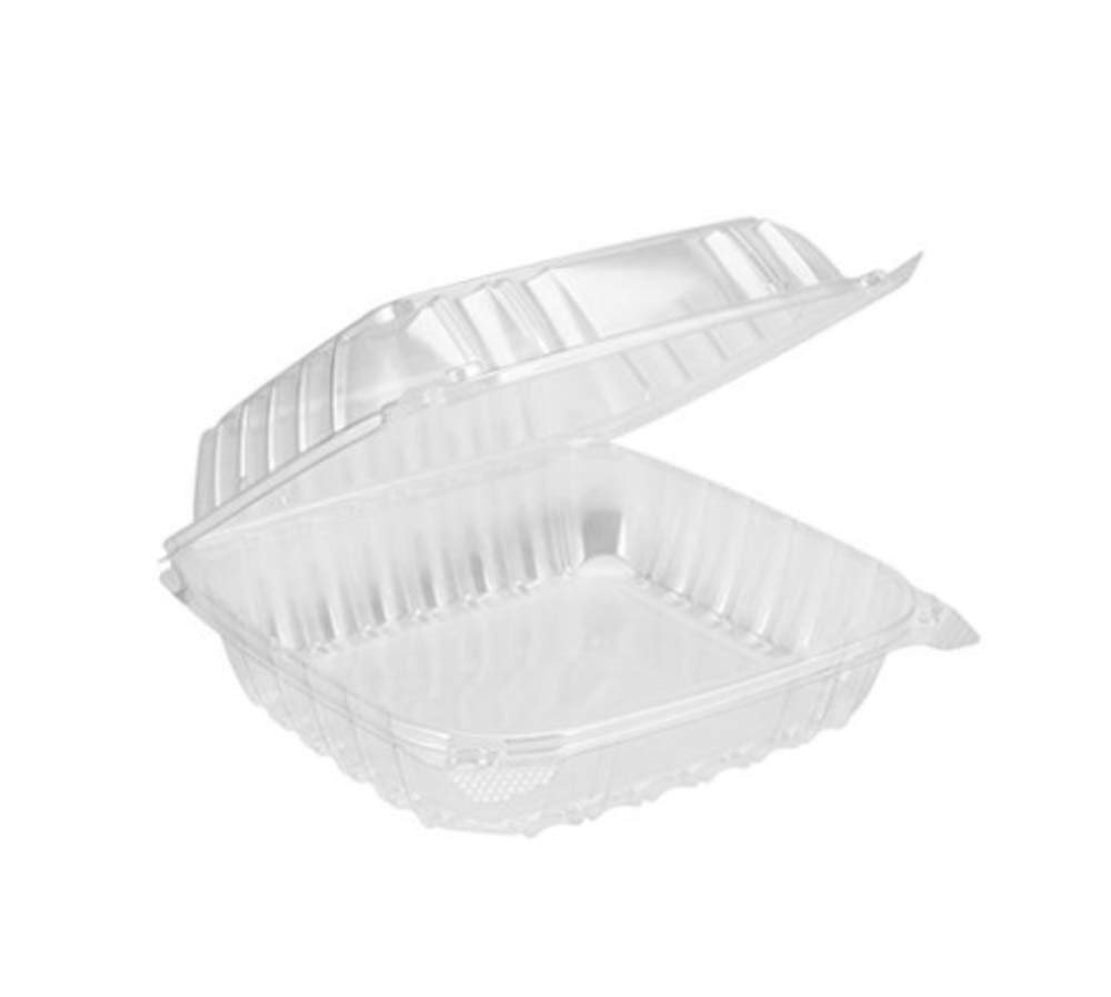 Contenedor de comida para llevar de plástico transparente con bisagra de 8" x 8" x 3" de 1 compartimento, personalizado con logo, ideal para marca blanca (pack de 25) Fabricante.