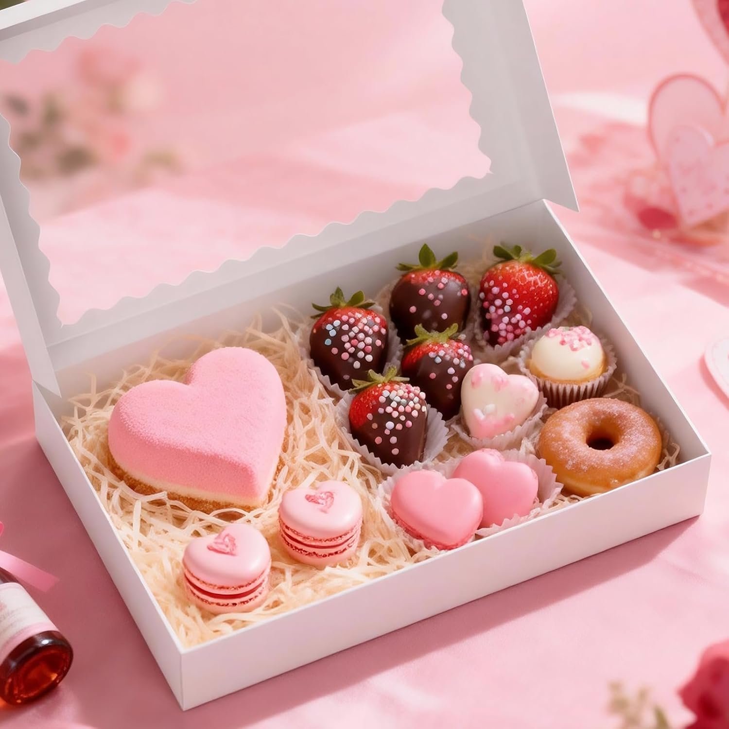 Logo Personalizado para Cajas de Repostería con Ventana, 16x11x2.5 Pulgadas, Cajas de Donuts, Marca Blanca para Fábrica de Galletas, Macarons, Pies y Fresas Cubiertas de Chocolate