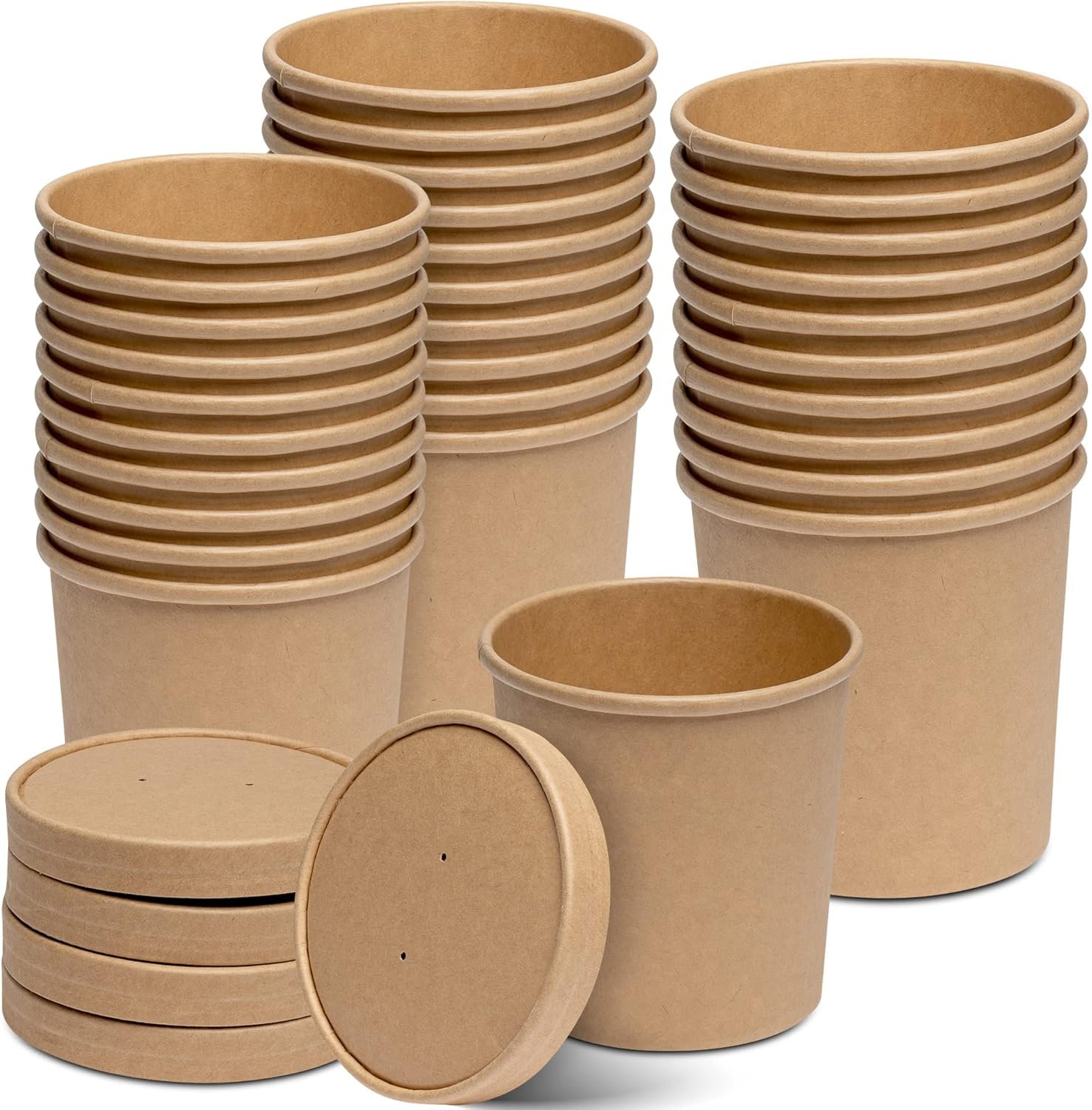 Contenedores de Papel Kraft de 16 oz - 25 Unidades con Tapa Ventilada, Ideal para Sopa Caliente y Helados, Marca Blanca con Logo Personalizado - Proveedor Especializado en Envases Desechables para Alimentos Fríos y Calientes.