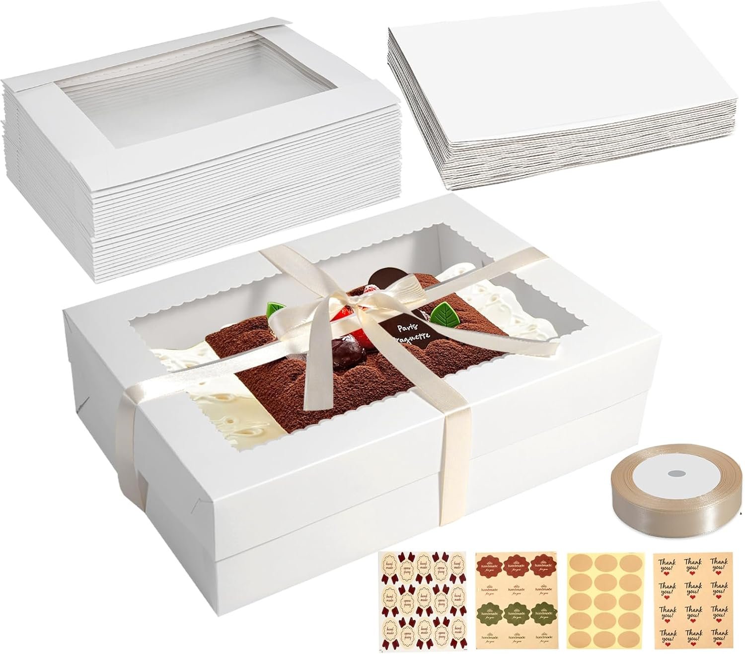 Logo Personalizado Cajas de Pastelería Blancas con Ventana Grande, 14x10x4 Pulgadas, ideales para Tartas de Cuarto, Donuts, Cupcakes, Pasteles y "Tartas", Marca Blanca de Fábrica.
