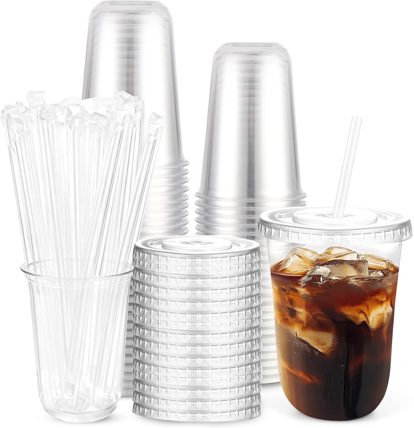 Copa de Plástico Transparente de 16 oz con Tapa y Popote, Personalización de Logo, Ideal para Café Helado y Bebidas Frías, Sets de 50, Proveedor de Envases para Fiestas y Restaurantes.