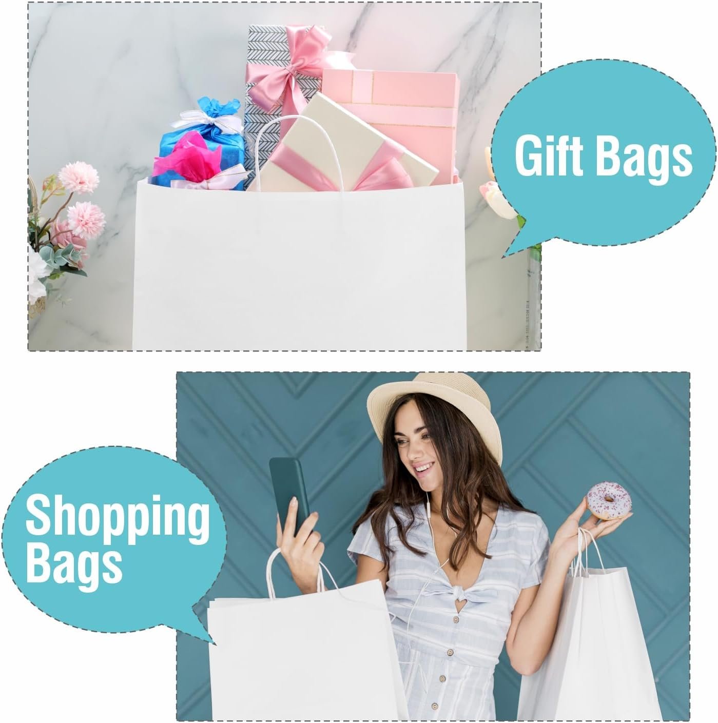 Bolsas de papel blancas de 60 PCS con asas, bolsa de regalo grande 16 x 6 x 12 pulgadas, Marca Blanca para negocio pequeño y compras, Logo Personalizado disponibles, Proveedor de bolsas para regalos y supermercado.