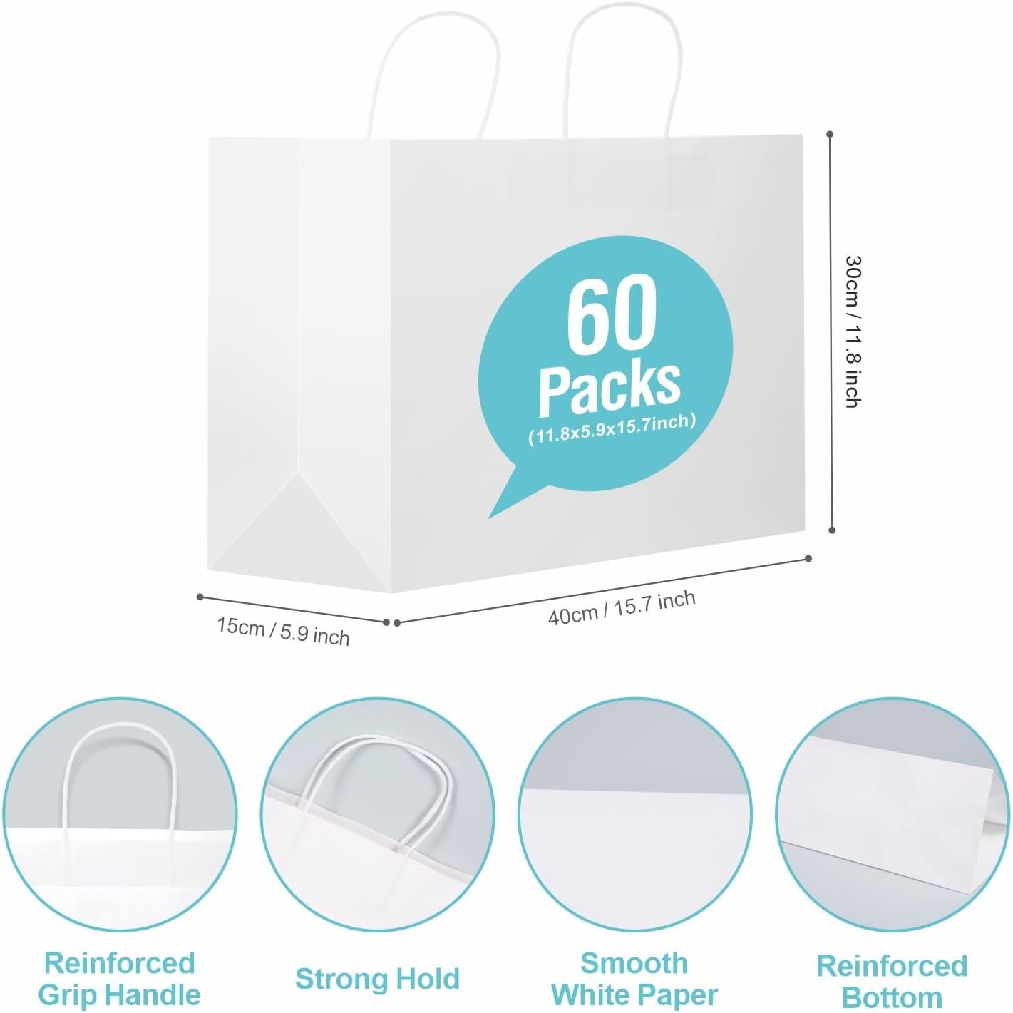 Bolsas de papel blancas de 60 PCS con asas, bolsa de regalo grande 16 x 6 x 12 pulgadas, Marca Blanca para negocio pequeño y compras, Logo Personalizado disponibles, Proveedor de bolsas para regalos y supermercado.
