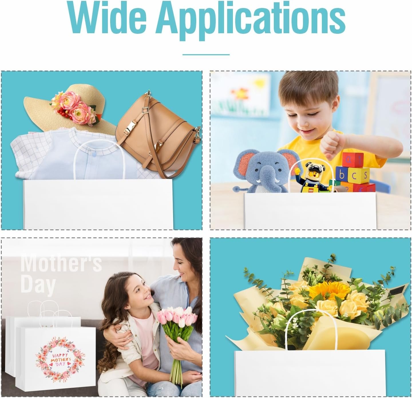 Bolsas de papel blancas de 60 PCS con asas, bolsa de regalo grande 16 x 6 x 12 pulgadas, Marca Blanca para negocio pequeño y compras, Logo Personalizado disponibles, Proveedor de bolsas para regalos y supermercado.