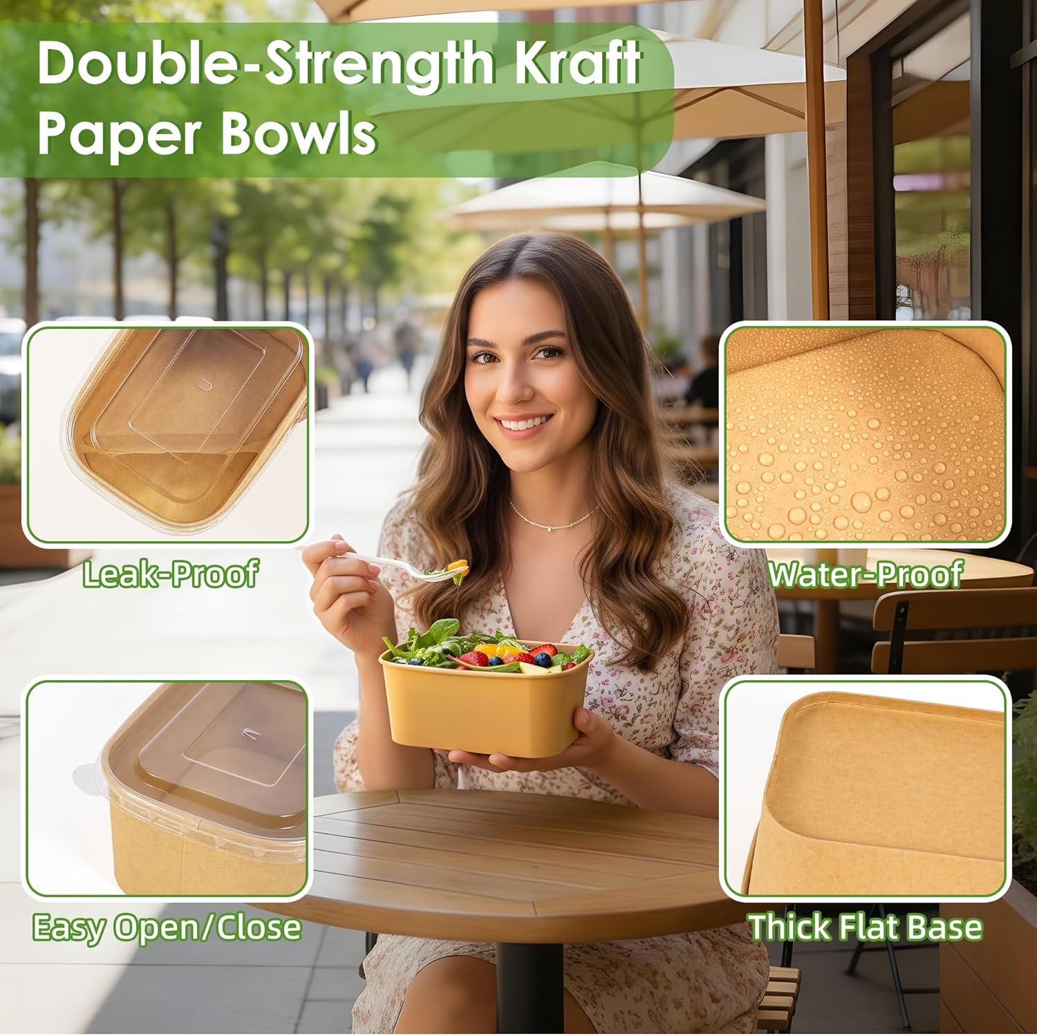 Logo Personalizado 50-Pack de Contenedores de Comida Desechables de 30oz con Tapas y Cucharas, Bowls de Papel Kraft Compostables, Apta para Microondas y Congelador para Comida Caliente y Fría de Proveedor.