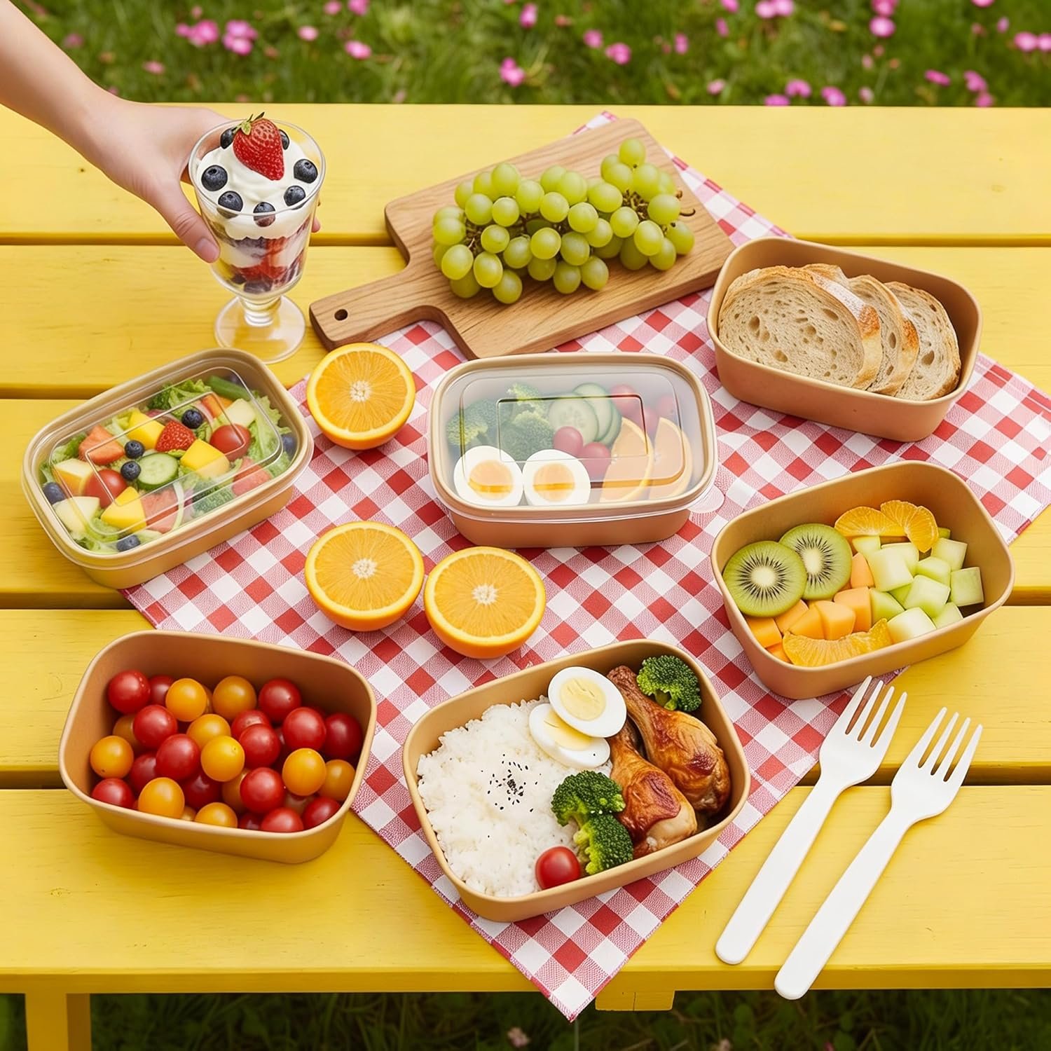 Logo Personalizado 50-Pack de Contenedores de Comida Desechables de 30oz con Tapas y Cucharas, Bowls de Papel Kraft Compostables, Apta para Microondas y Congelador para Comida Caliente y Fría de Proveedor.