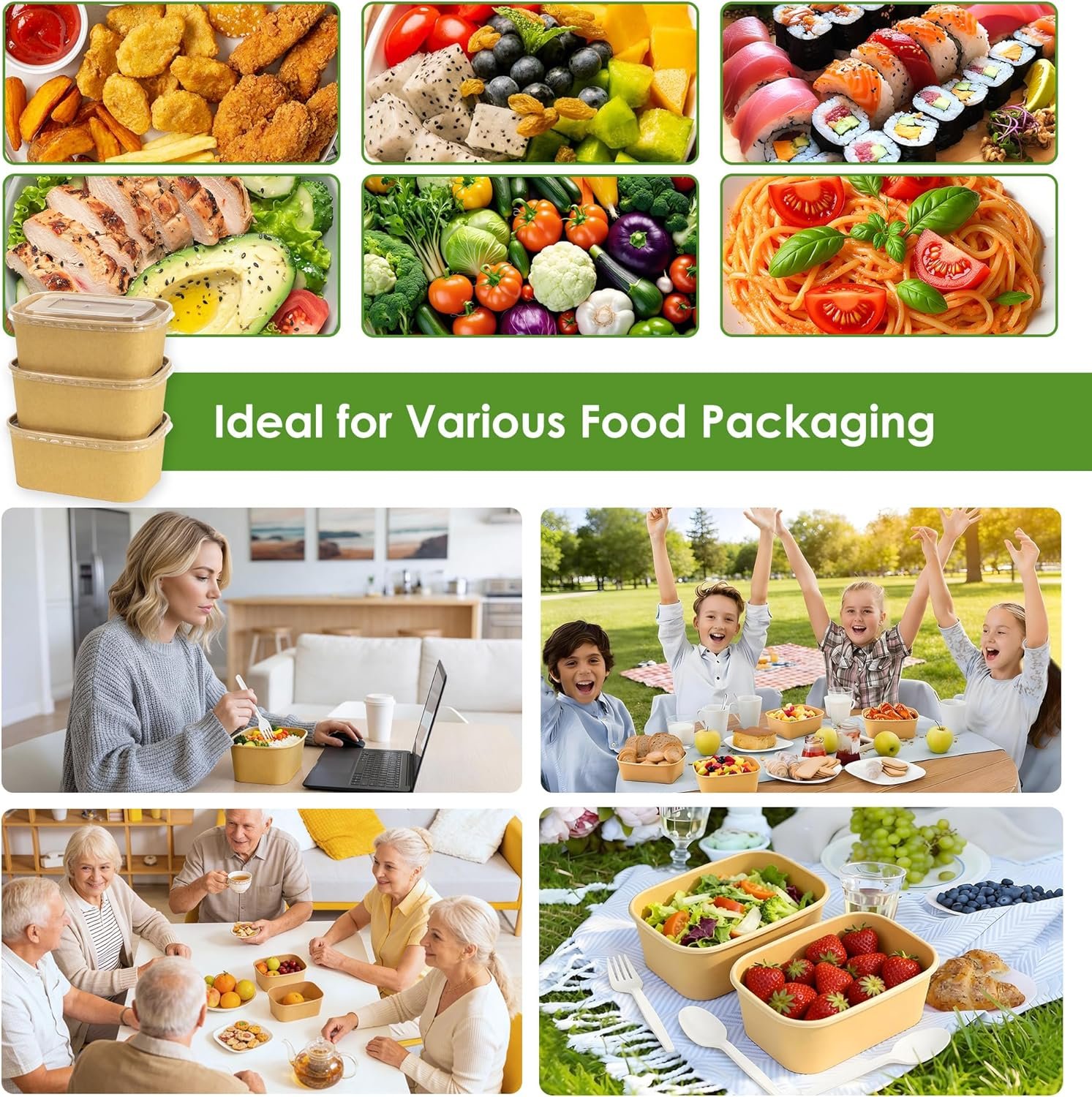 Logo Personalizado 50-Pack de Contenedores de Comida Desechables de 30oz con Tapas y Cucharas, Bowls de Papel Kraft Compostables, Apta para Microondas y Congelador para Comida Caliente y Fría de Proveedor.