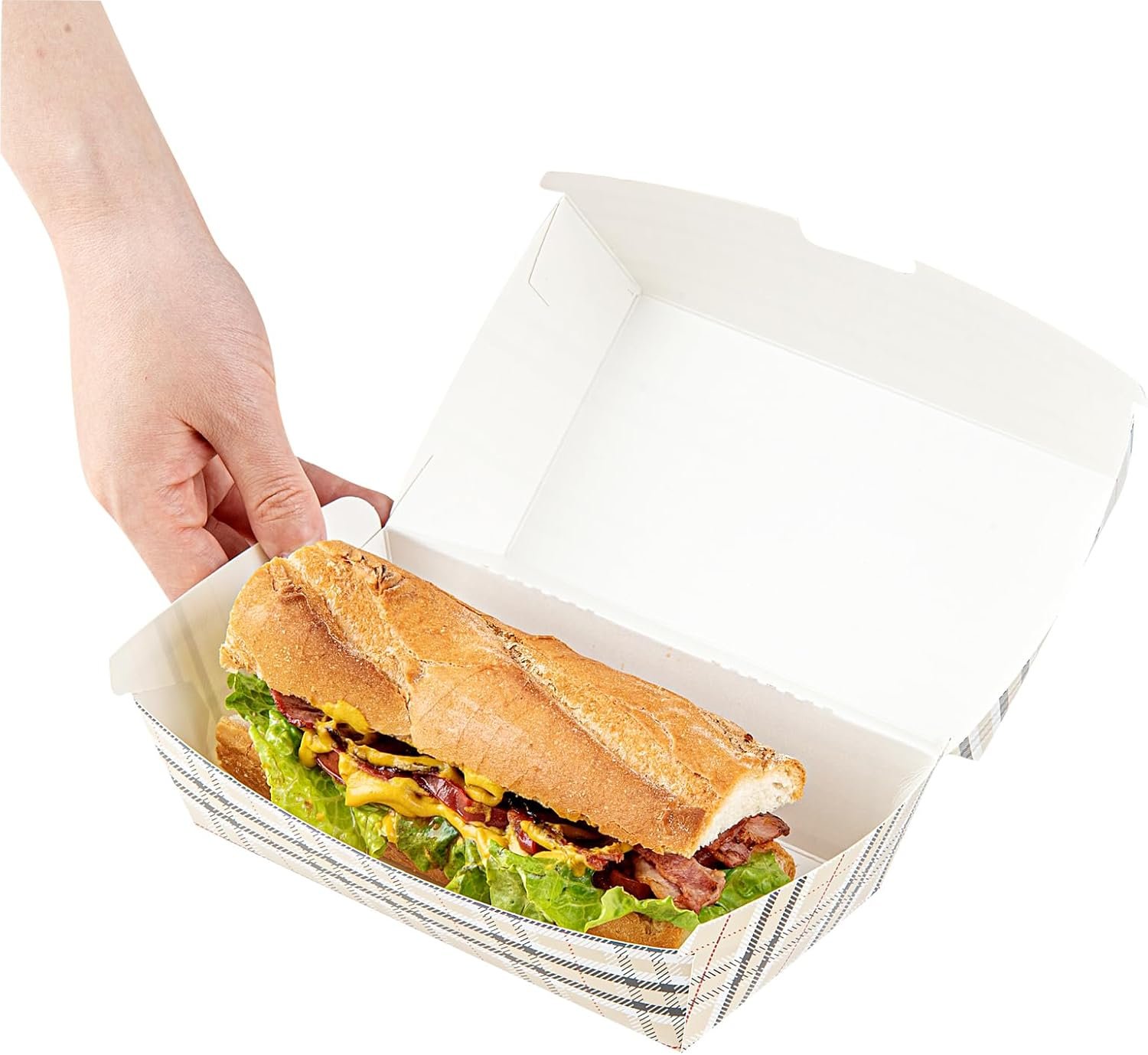 Envases de comida clamshell desechables 6.7 x 3.5 x 3.5 pulgadas con cierre de bisagra y logo personalizado, ideales para sándwiches y perritos calientes. Contenedores resistentes y a prueba de grasa, disponibles bajo marca blanca de nuestro proveedor. Envases de comida clamshell desechables 6.7 x 3.5 x 3.5 pulgadas con cierre de bisagra y logo personalizado, ideales para sándwiches y perritos calientes. Contenedores resistentes y a prueba de grasa, disponibles bajo marca blanca de nuestro proveedor.