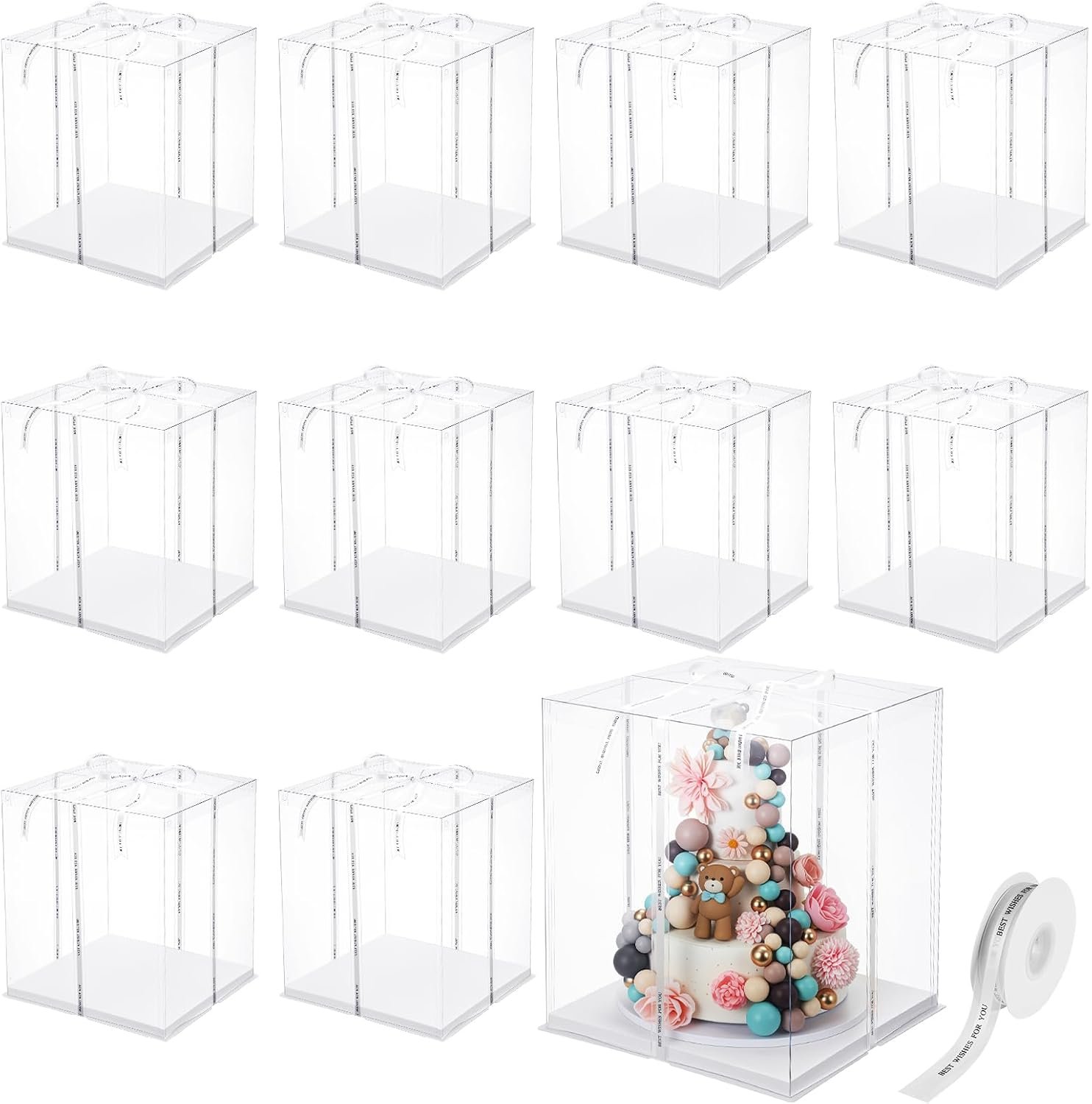 Logo Personalizado Cajas de Pastel Transparentes Altas 10 Pcs 13.4" x 13.4" x 16" Porta Pasteles Claras con Cinta para Bodas, Contenedor de Almacenamiento de Pasteles, Marca Blanca para Exhibición de Postres, Proveedor Beige